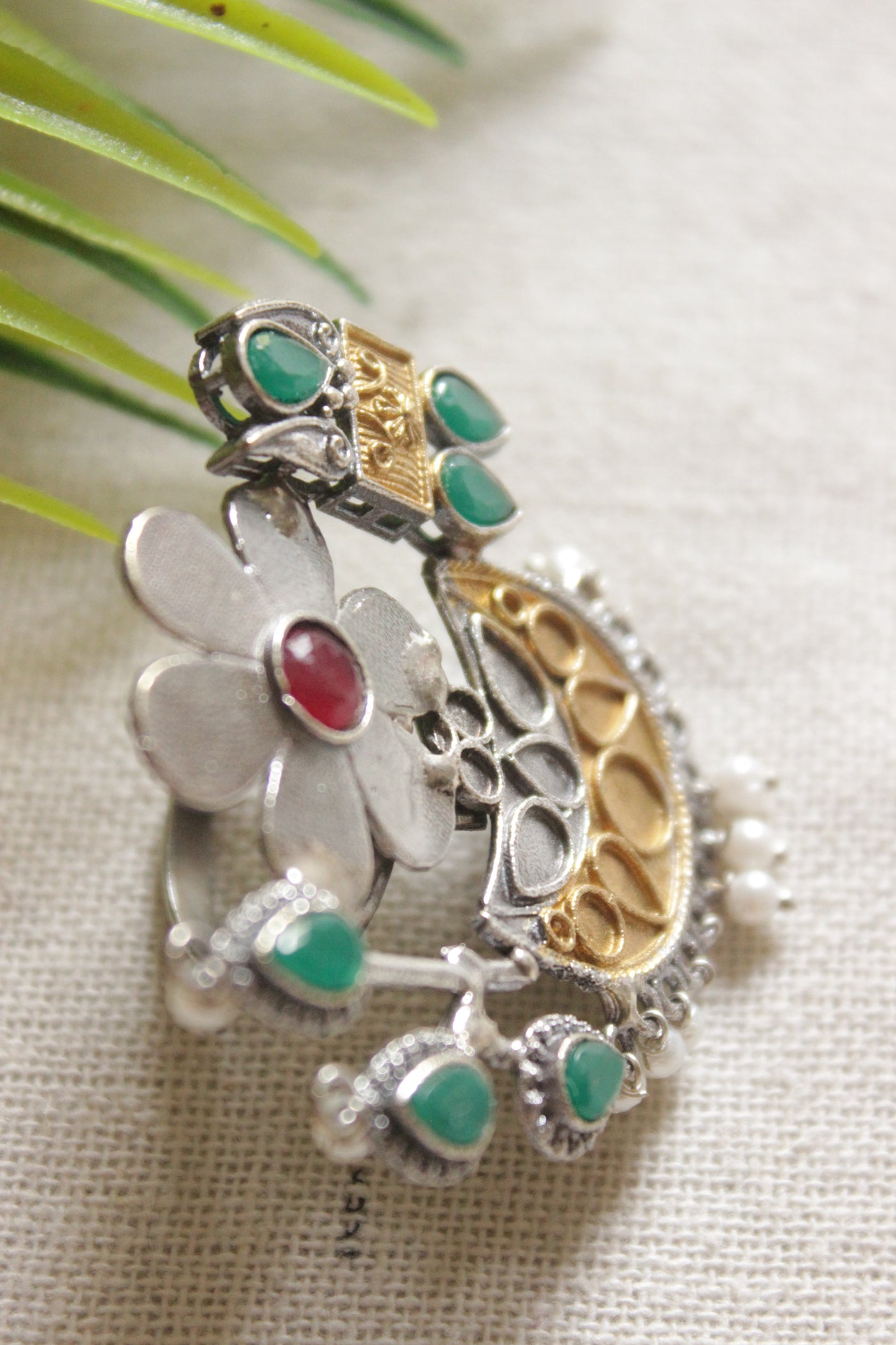 Dual Tone Premium Metal Flower Motif Green and Red Stones Embedded Statement Cocktail Ring