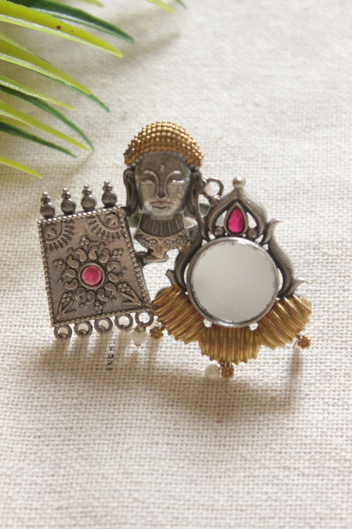 Dual Tone Premium Metal Buddha Motif White and Pink Stones Embedded Statement Cocktail Ring