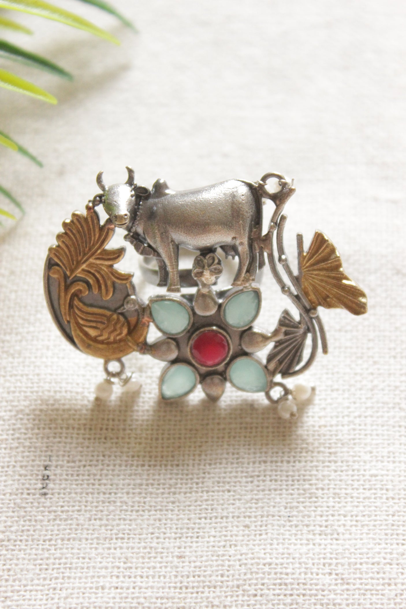 Dual Tone Premium Cow Motif Blue Stones Embedded Statement Cocktail Ring