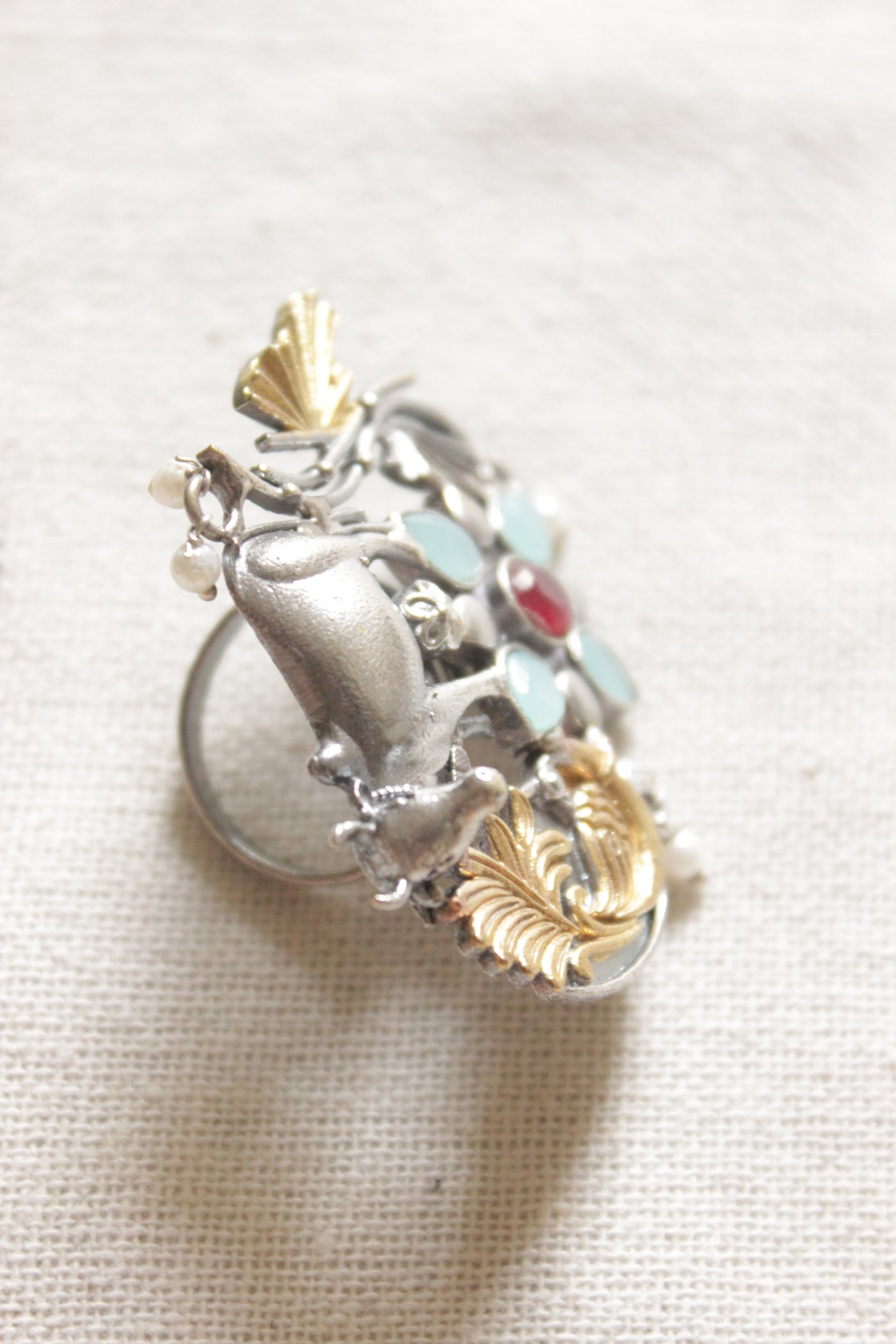 Dual Tone Premium Cow Motif Blue Stones Embedded Statement Cocktail Ring