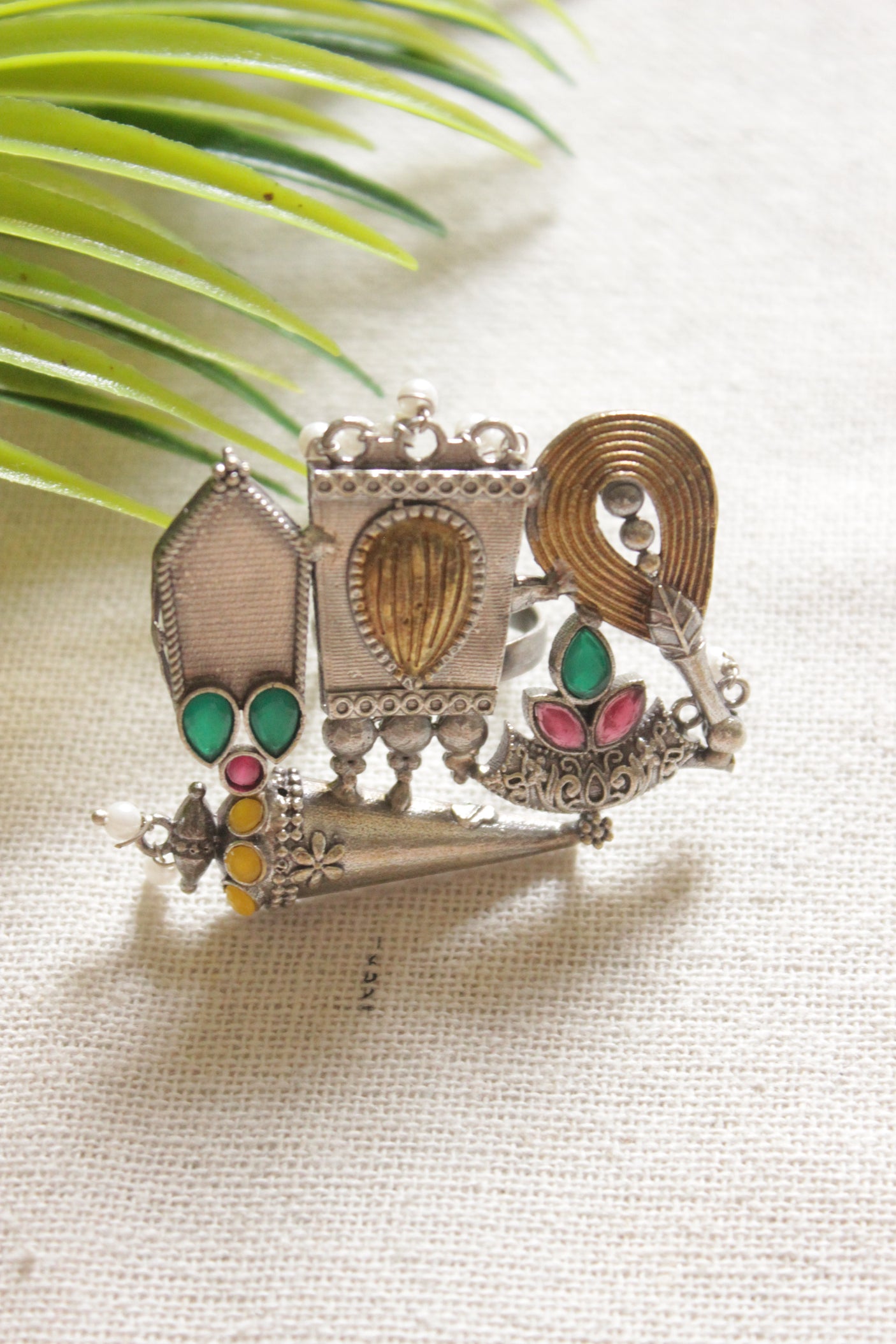 Dual Tone Premium Abstract Motifs Green, Pink and Yellow Stones Embedded Statement Cocktail Ring