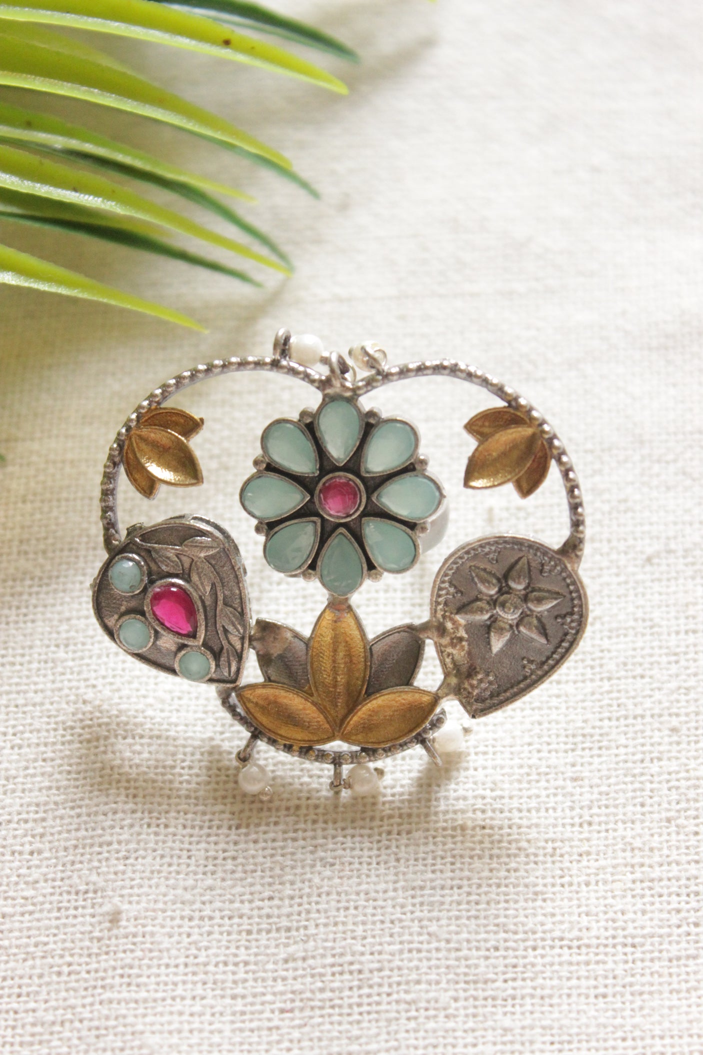Dual Tone Premium Basket of Flowers Blue and Pink Stones Embedded Statement Cocktail Ring
