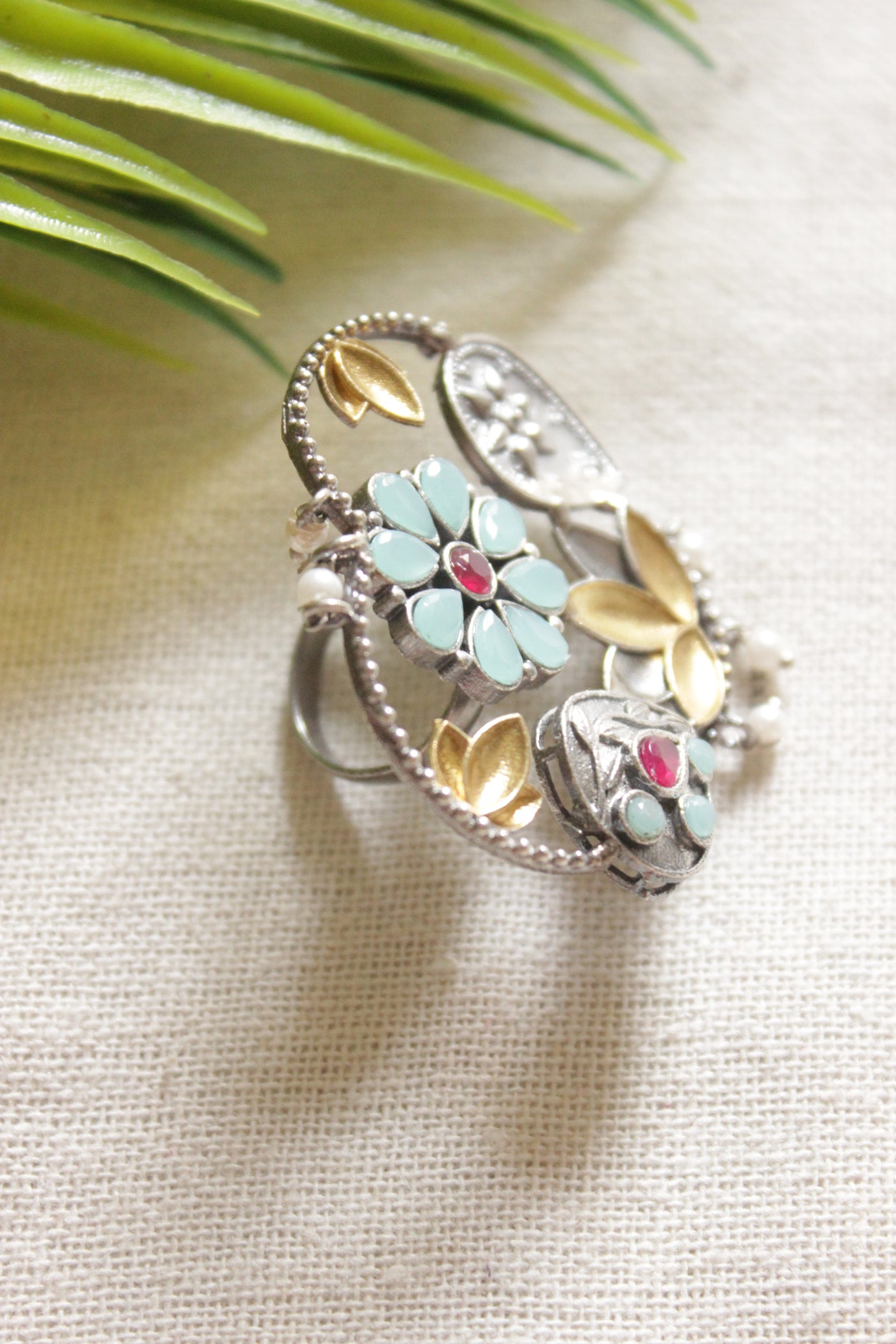 Dual Tone Premium Basket of Flowers Blue and Pink Stones Embedded Statement Cocktail Ring