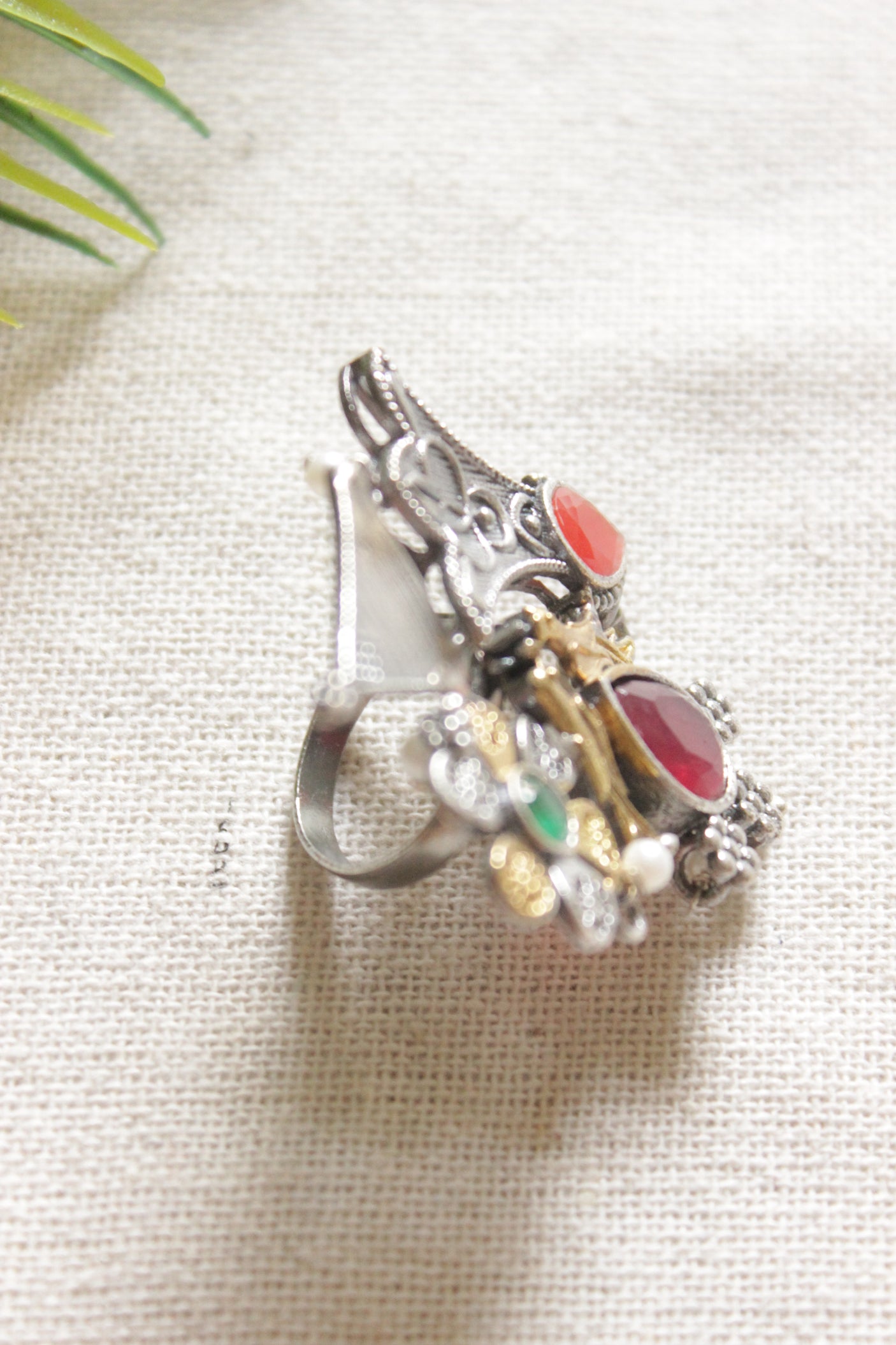 Dual Tone Premium Bird Motif Orange, Pink and Green Stones Embedded Statement Cocktail Ring