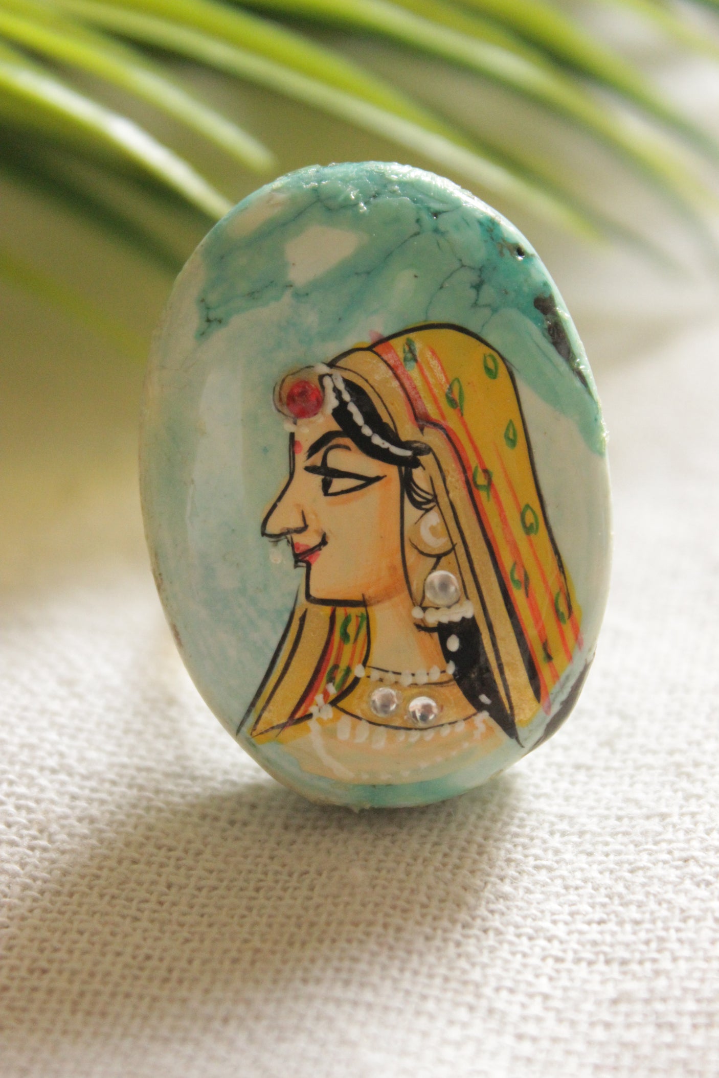 Hand Painted Traditional Woman on Marble Oval Shape Statement Adjustable Ring