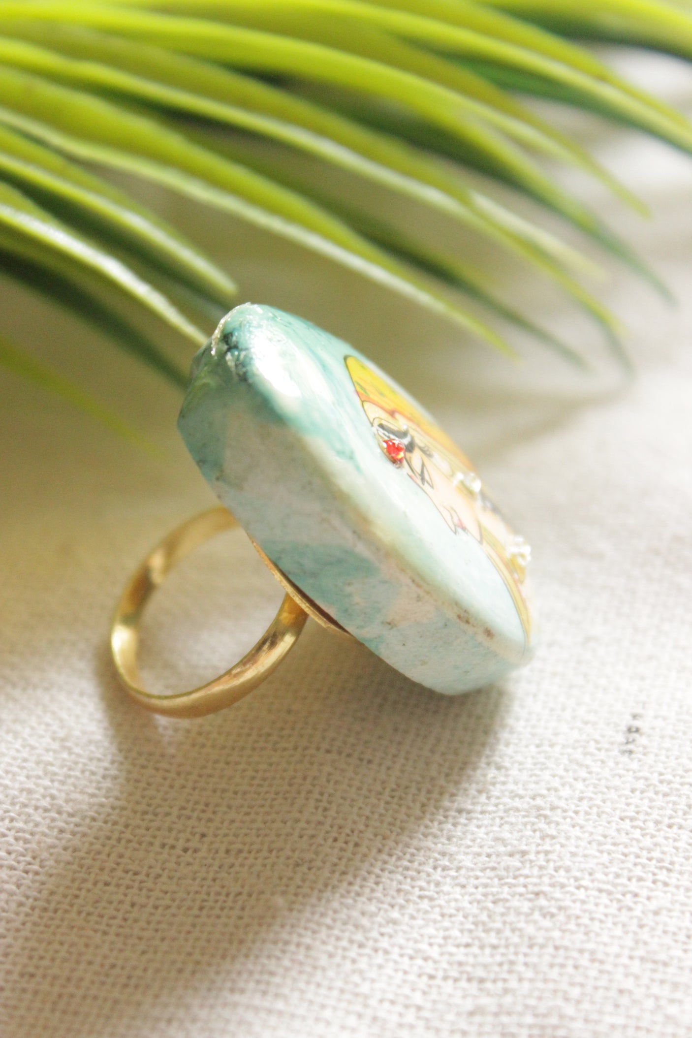 Hand Painted Traditional Woman on Marble Oval Shape Statement Adjustable Ring