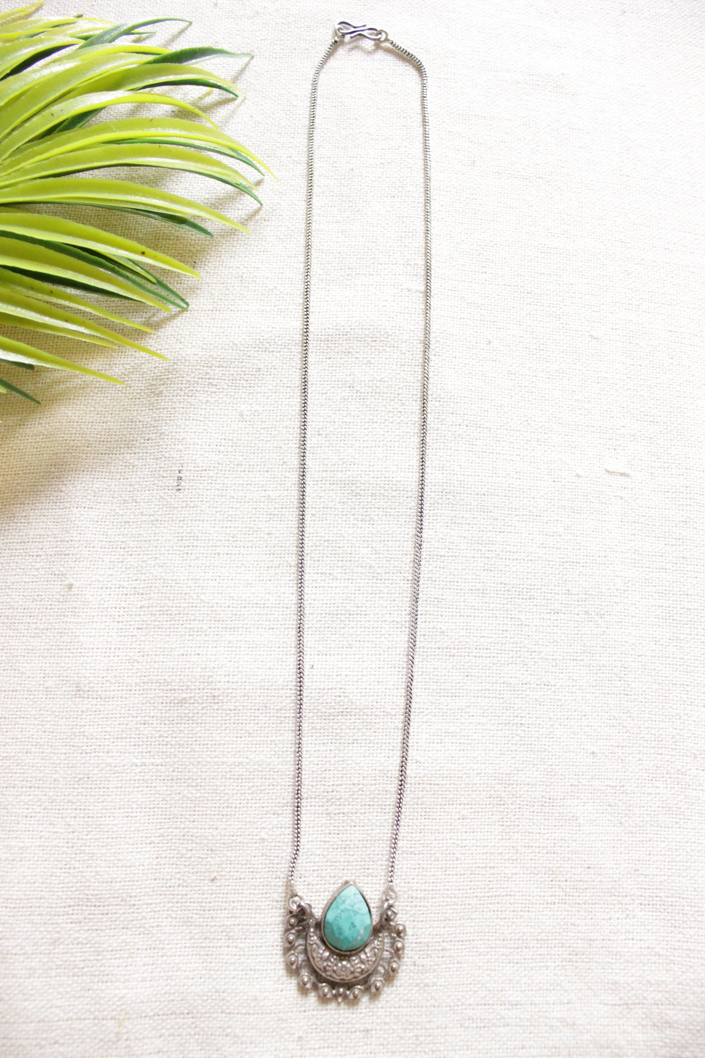 Peacock Feather Shape Petite Silver Chain Oxidised Finish Necklace Embellished with Turquoise Stone