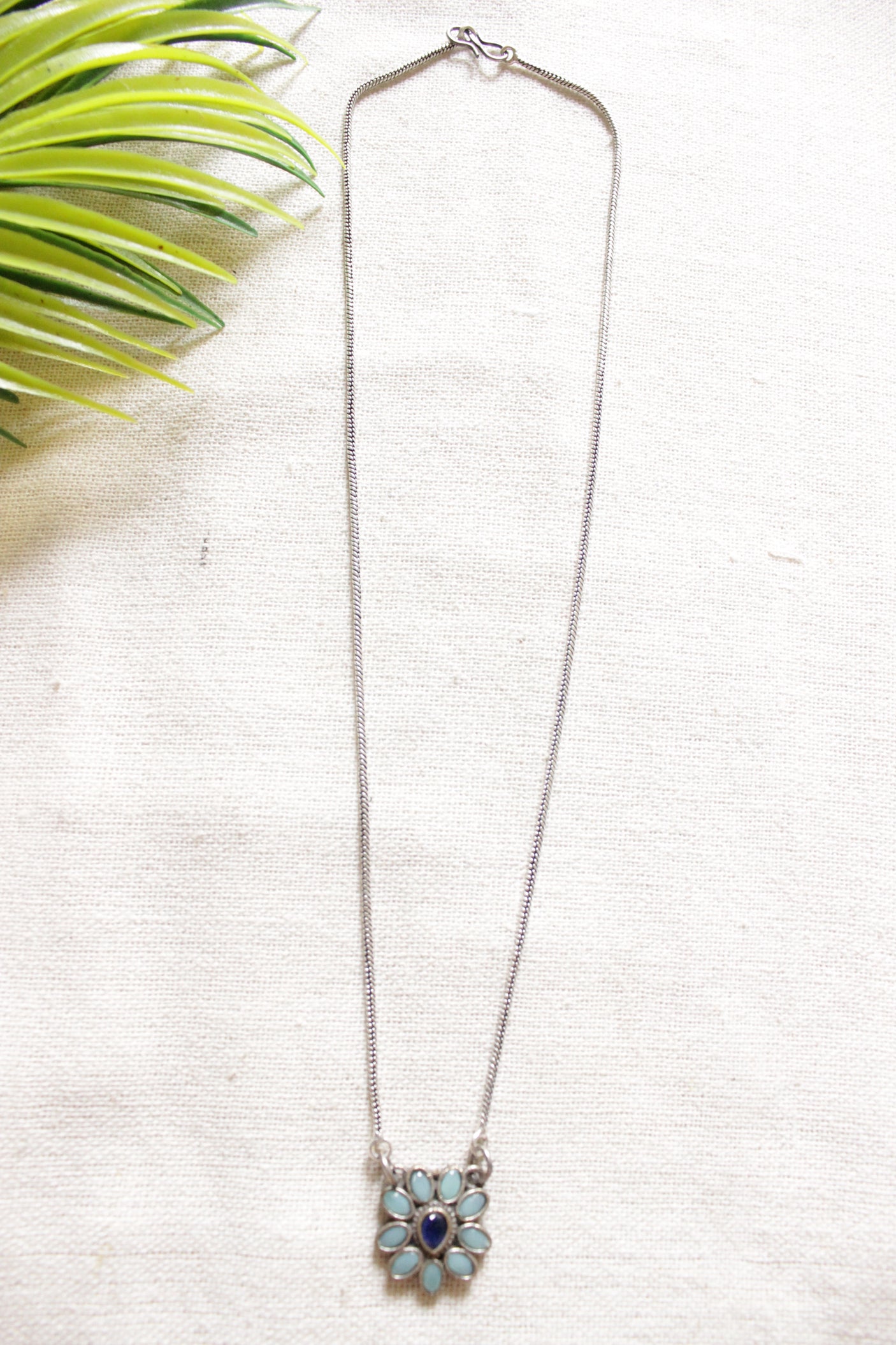 Flower Shape Petite Silver Chain Oxidised Finish Necklace Embellished with Purple and Turquoise Stones