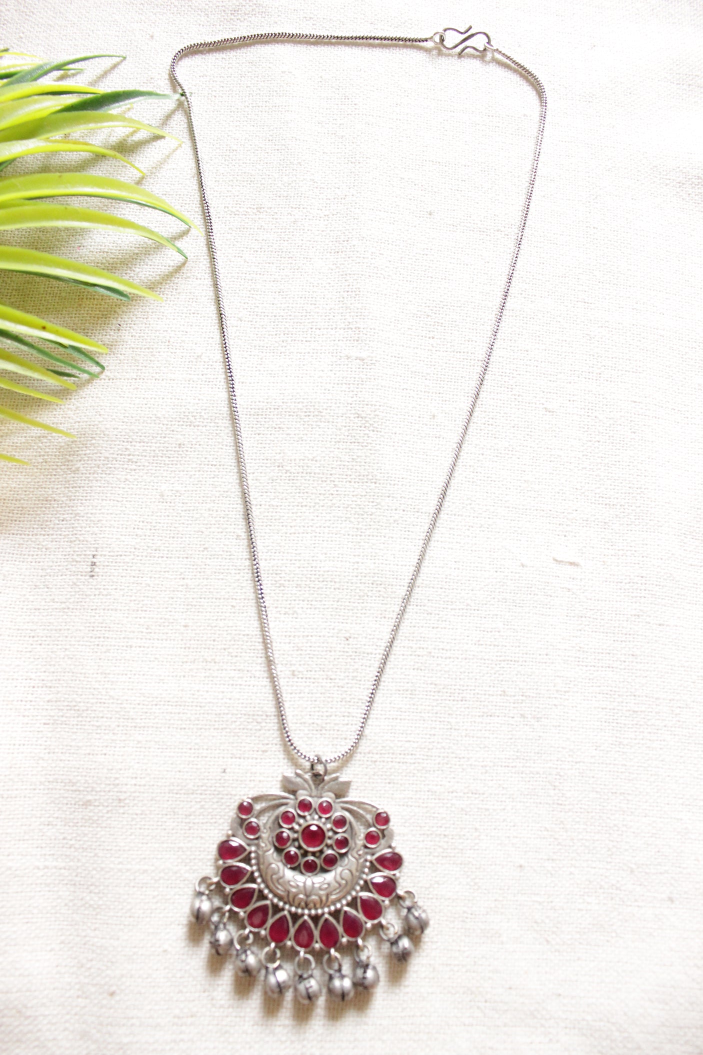 Ruby Red Stones Embedded and Ghungroo Beads Petite Silver Chain Oxidised Finish Necklace