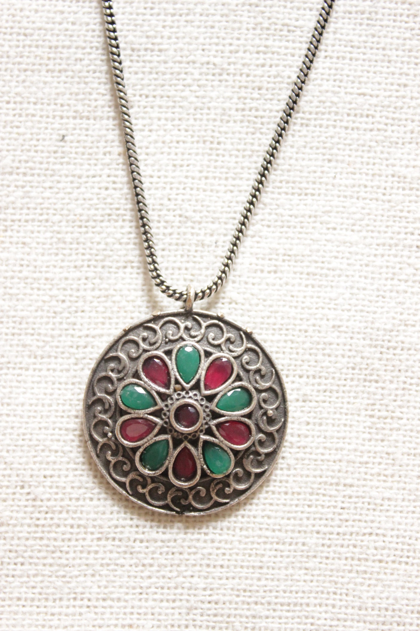 Oxidised Finish Circular Pendant Embellished with Red and Green Stones Petite Silver Chain Necklace