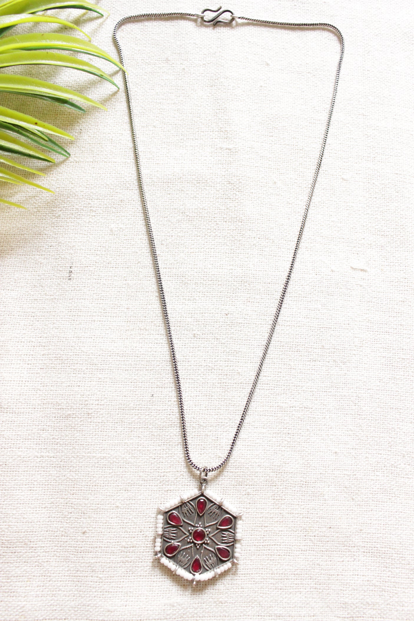 Oxidised Finish Hexagon Shape Pendant Embellished with Red Stones Petite Silver Chain Necklace