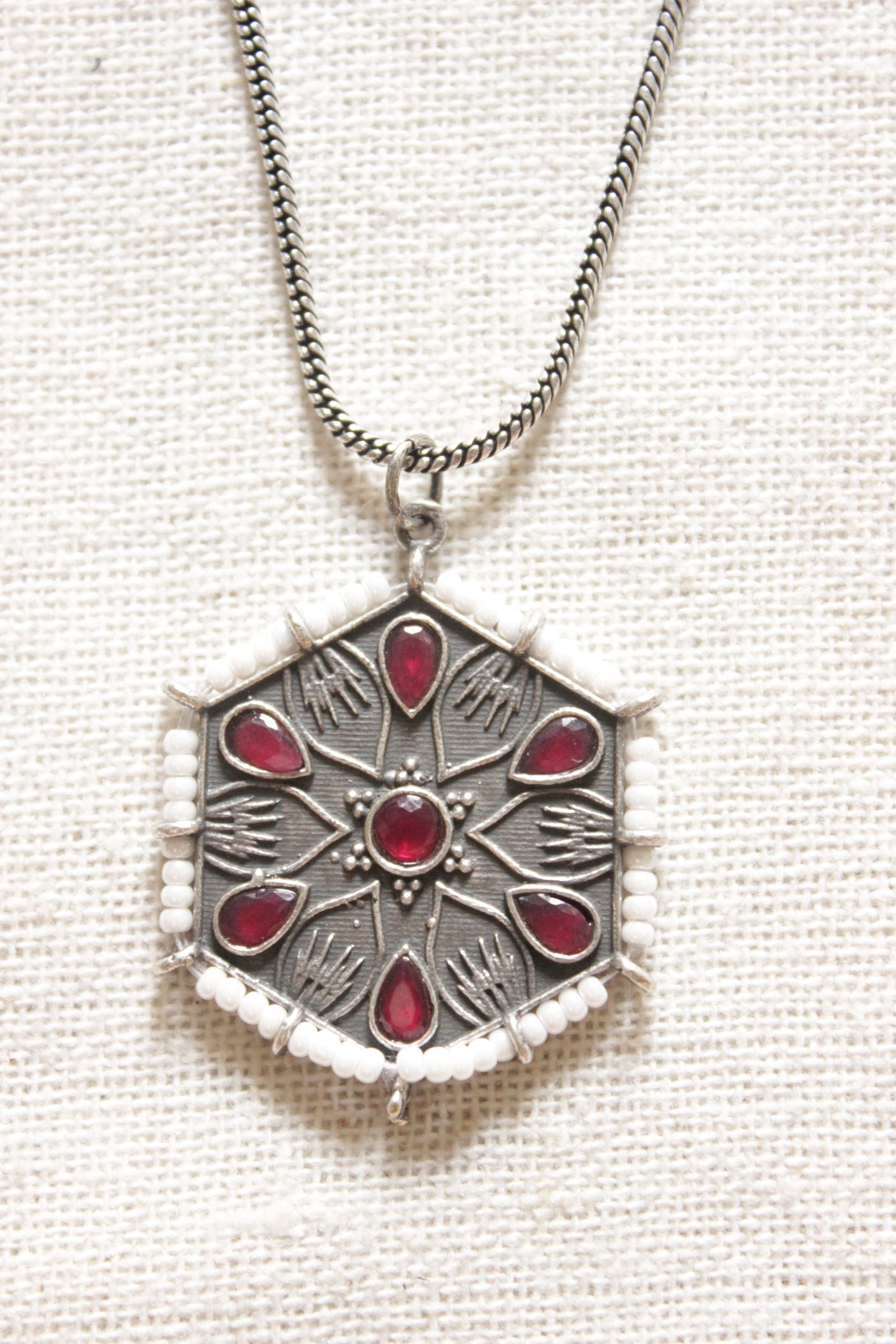 Oxidised Finish Hexagon Shape Pendant Embellished with Red Stones Petite Silver Chain Necklace