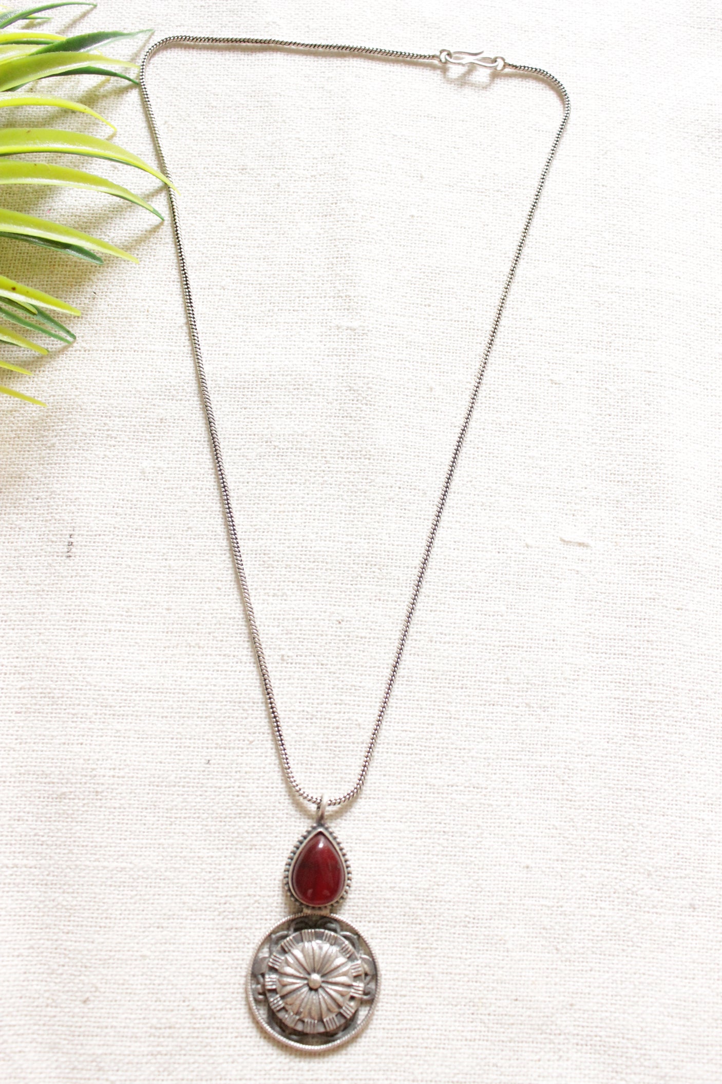 Oxidised Finish Concentric Circles Pendant with Tear Drop Shape Red Stone Petite Silver Chain Necklace