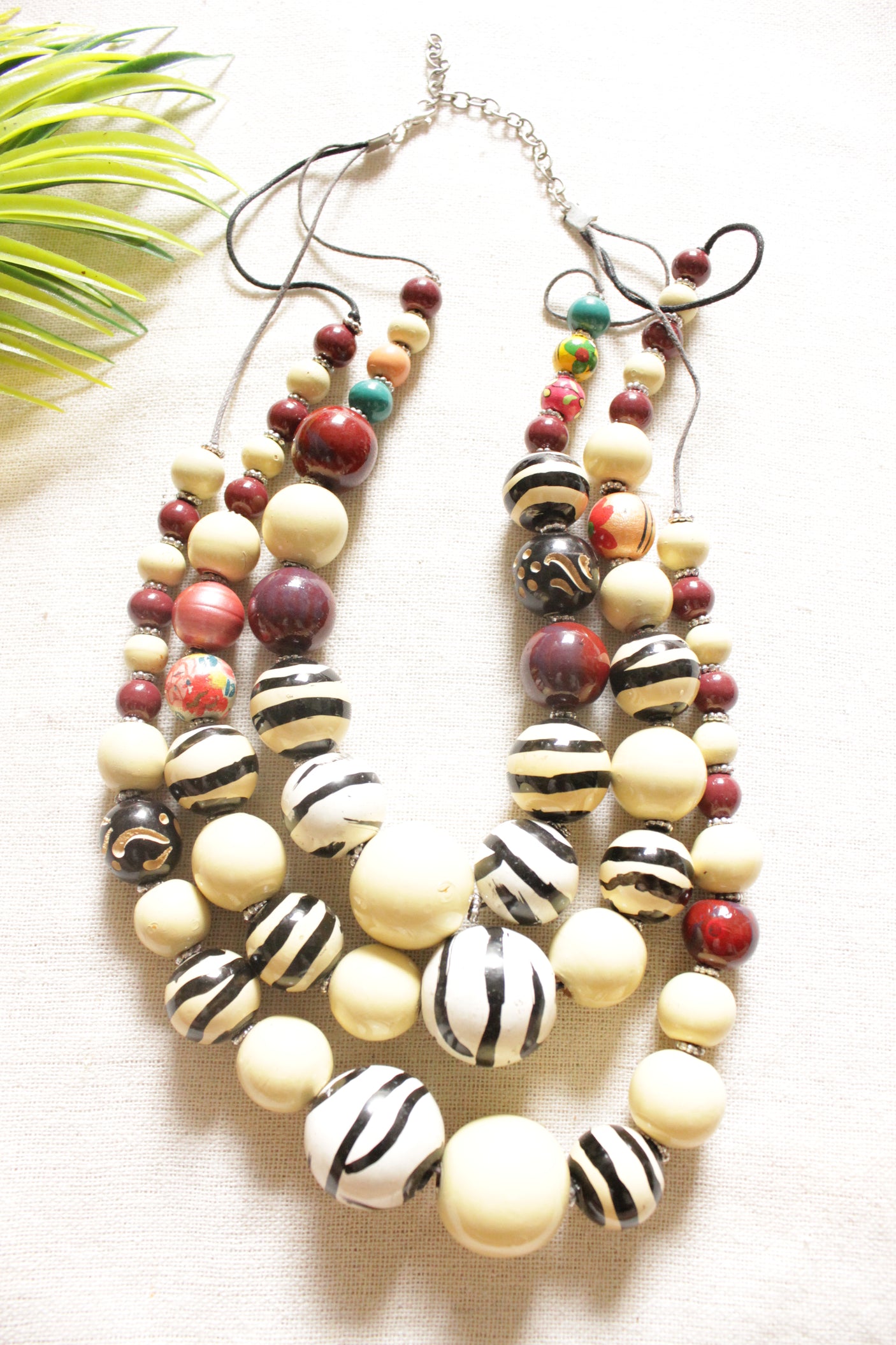 Cream and Multi-Color Circular Acrylic Beads 3 Layer Necklace Rope and Chain Closure Necklace