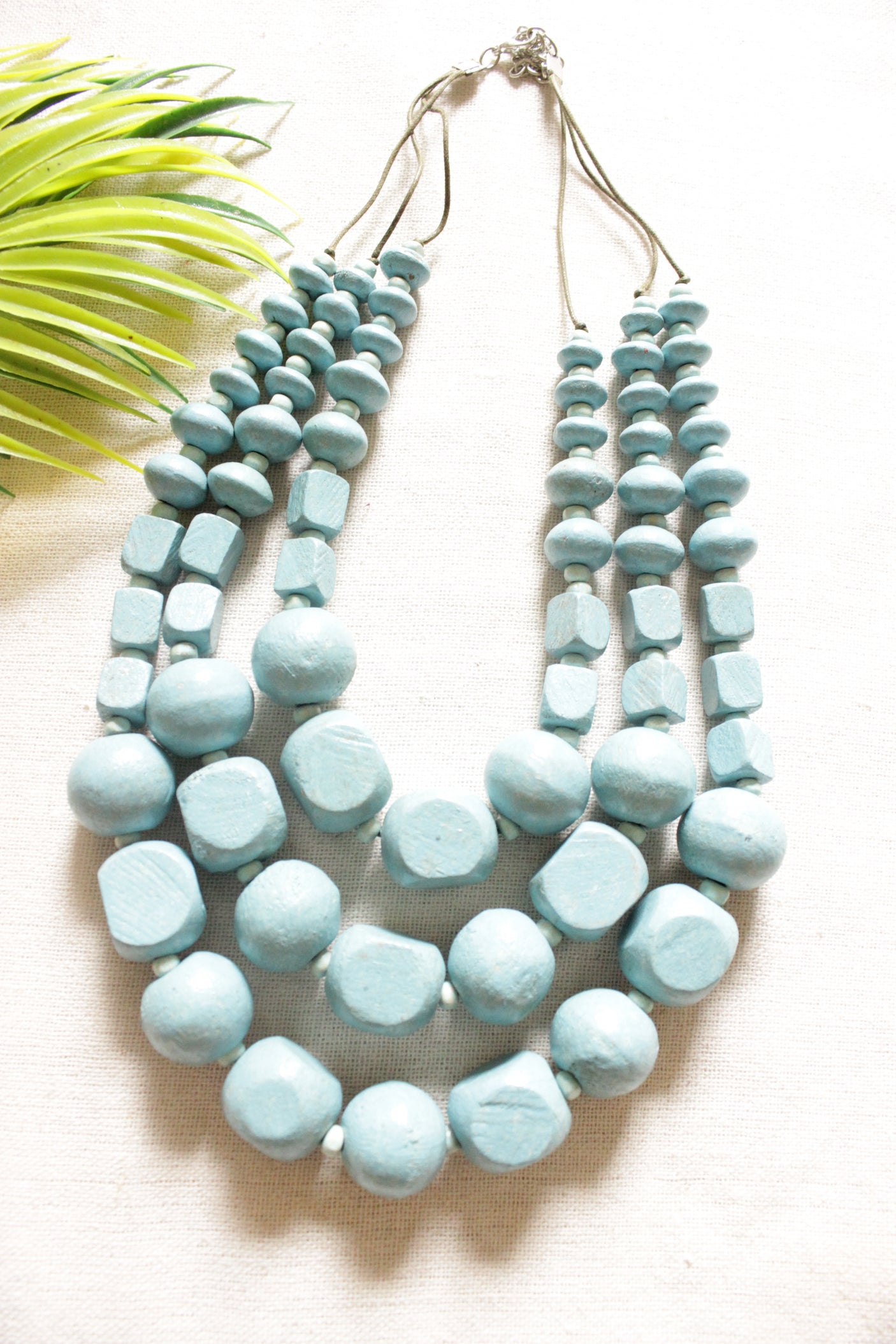 Sky Blue Acrylic Beads 3 Layer Necklace Rope and Chain Closure Necklace