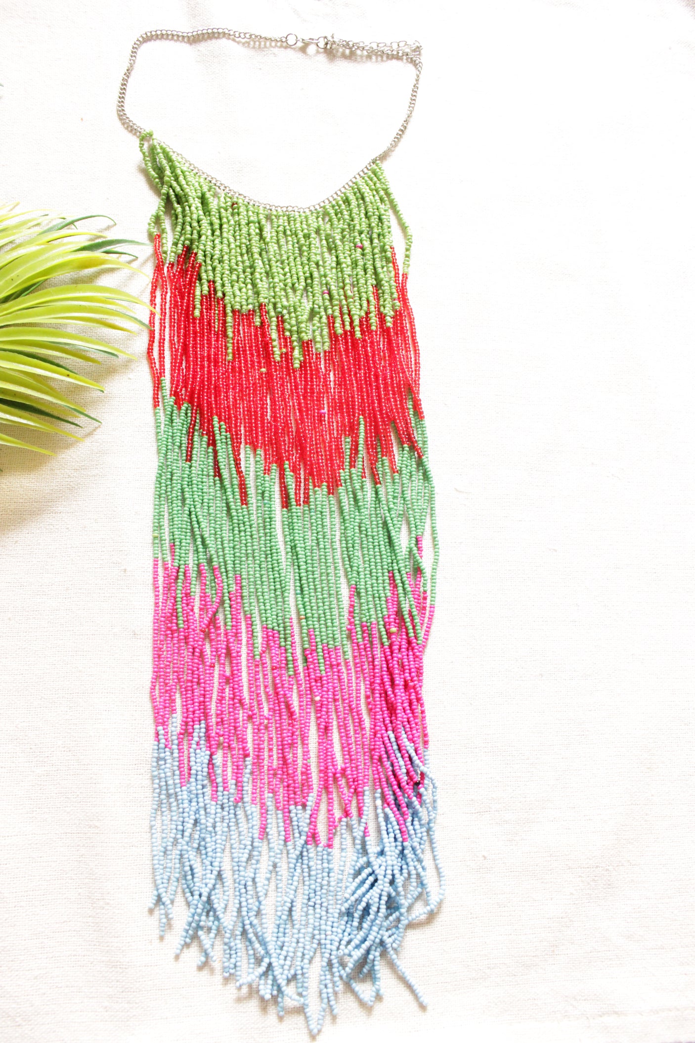 Pink, Green and Blue Beads Hand Braided Long Multi-Layer Choker Necklace