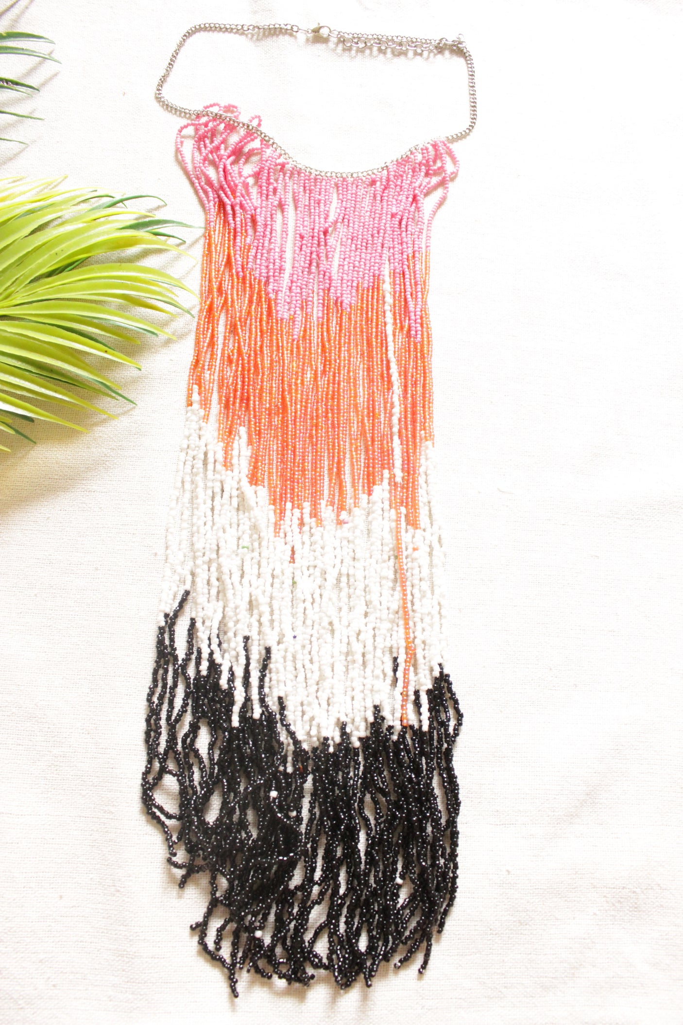 Black, White, Orange and Pink Beads Hand Braided Long Multi-Layer Choker Necklace