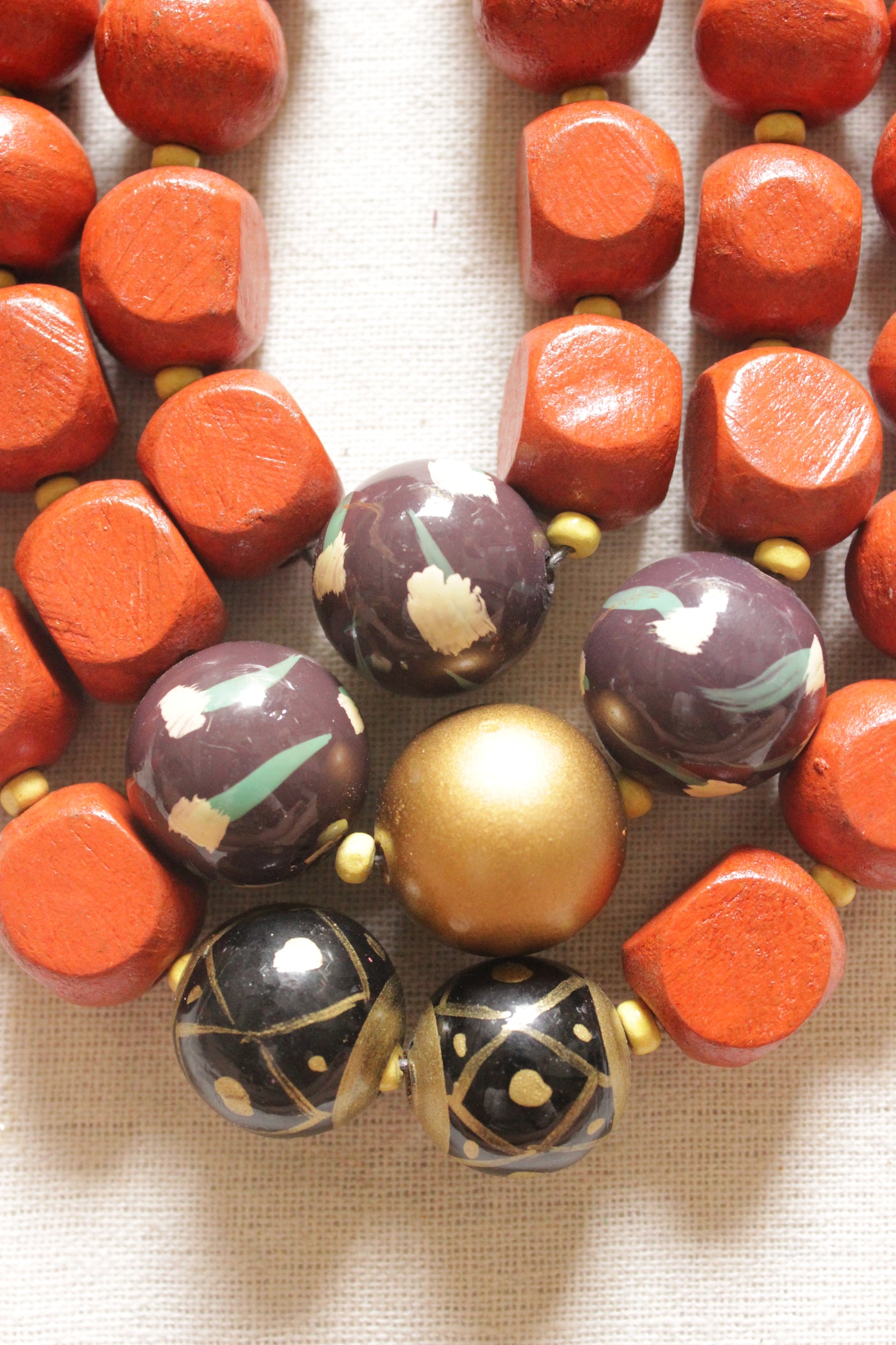 Orange, Gold and Brown Acrylic Beads 3 Layer Necklace with Rope and Chain Closure Necklace