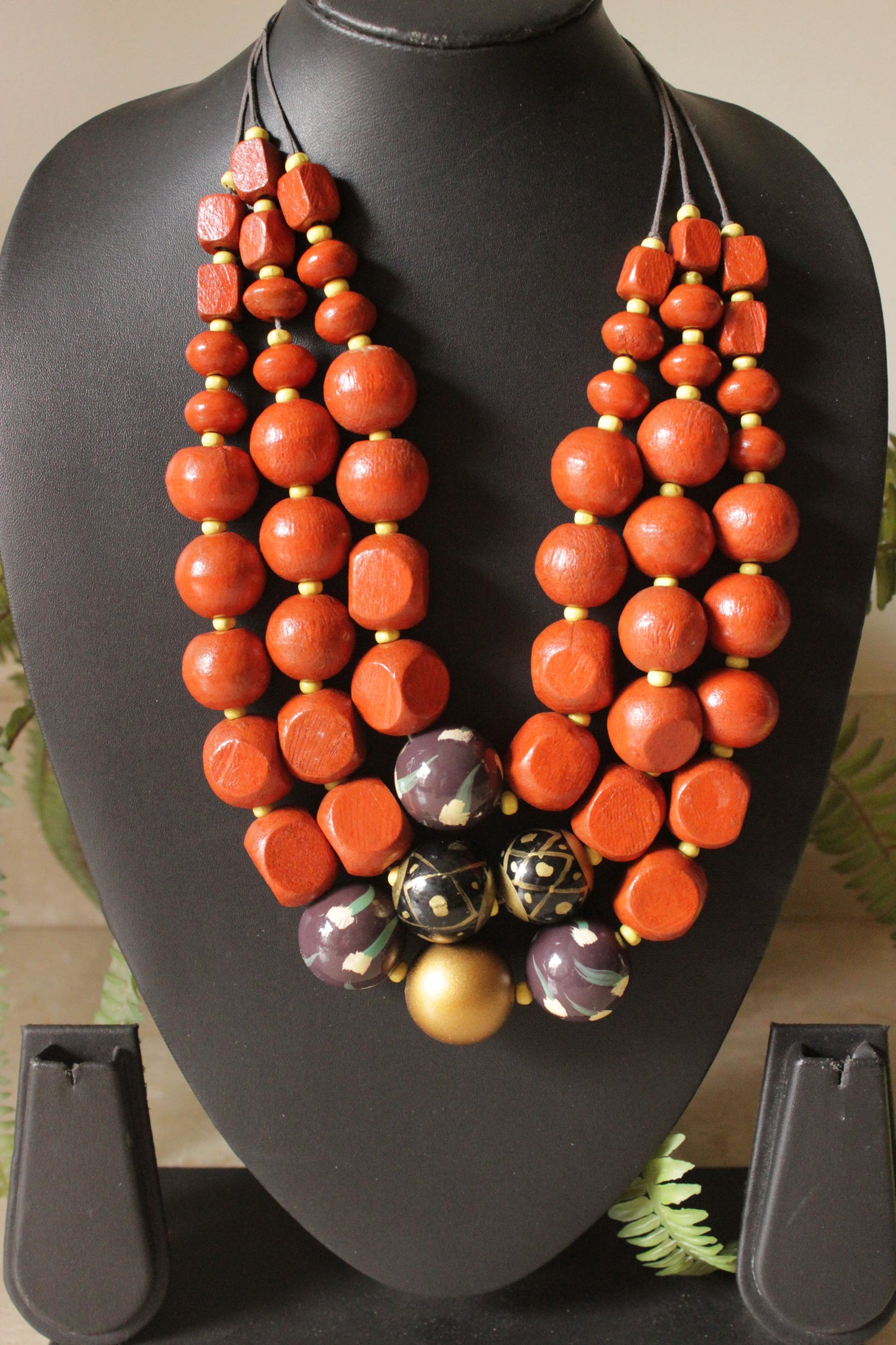 Orange, Gold and Brown Acrylic Beads 3 Layer Necklace with Rope and Chain Closure Necklace