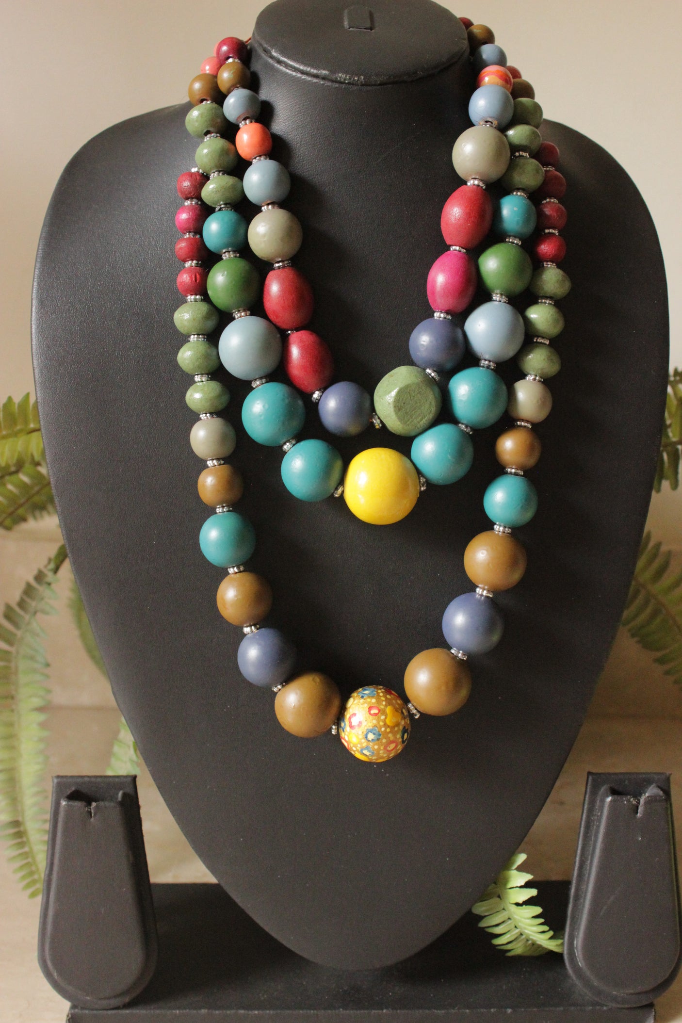 Multi-Color Acrylic Beads 3 Layer Necklace with Rope and Chain Closure Necklace