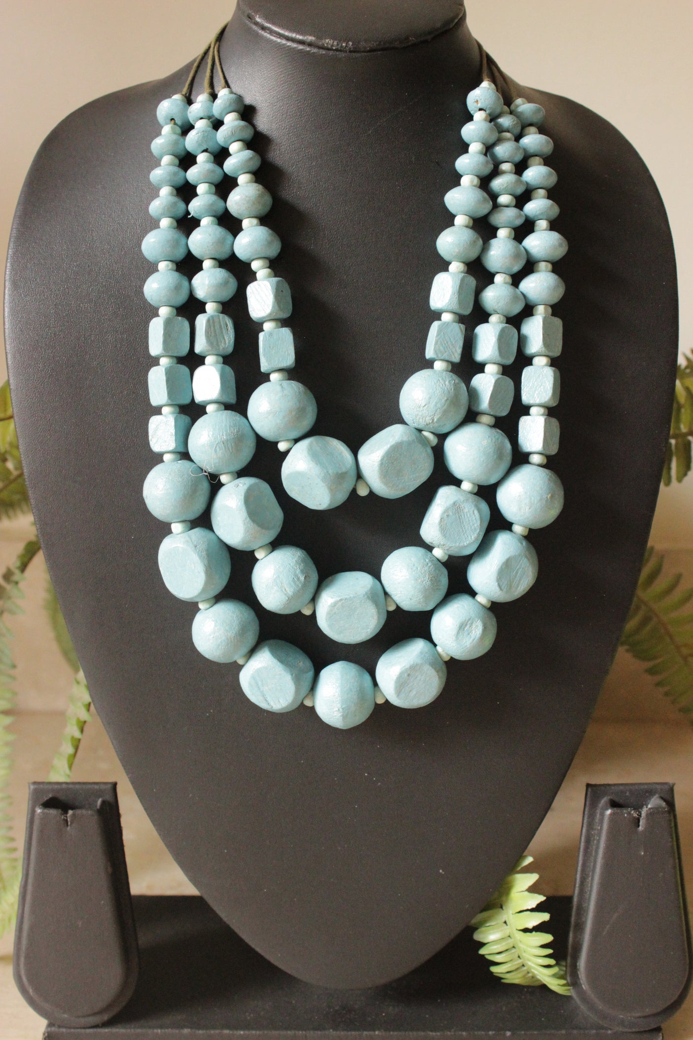 Sky Blue Acrylic Beads 3 Layer Necklace Rope and Chain Closure Necklace