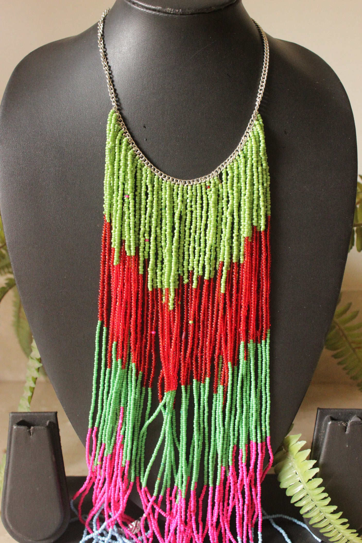 Pink, Green and Blue Beads Hand Braided Long Multi-Layer Choker Necklace