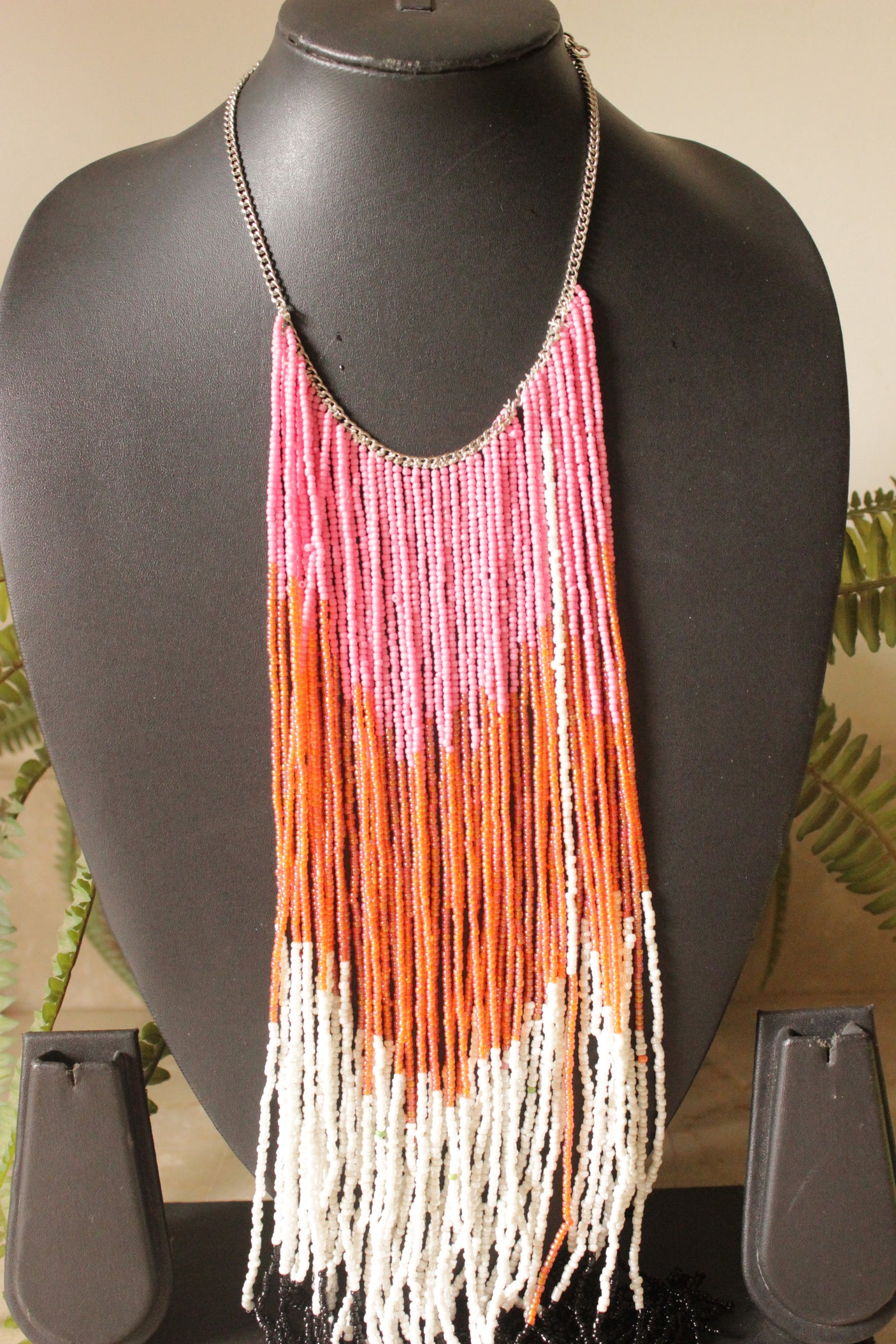 Black, White, Orange and Pink Beads Hand Braided Long Multi-Layer Choker Necklace