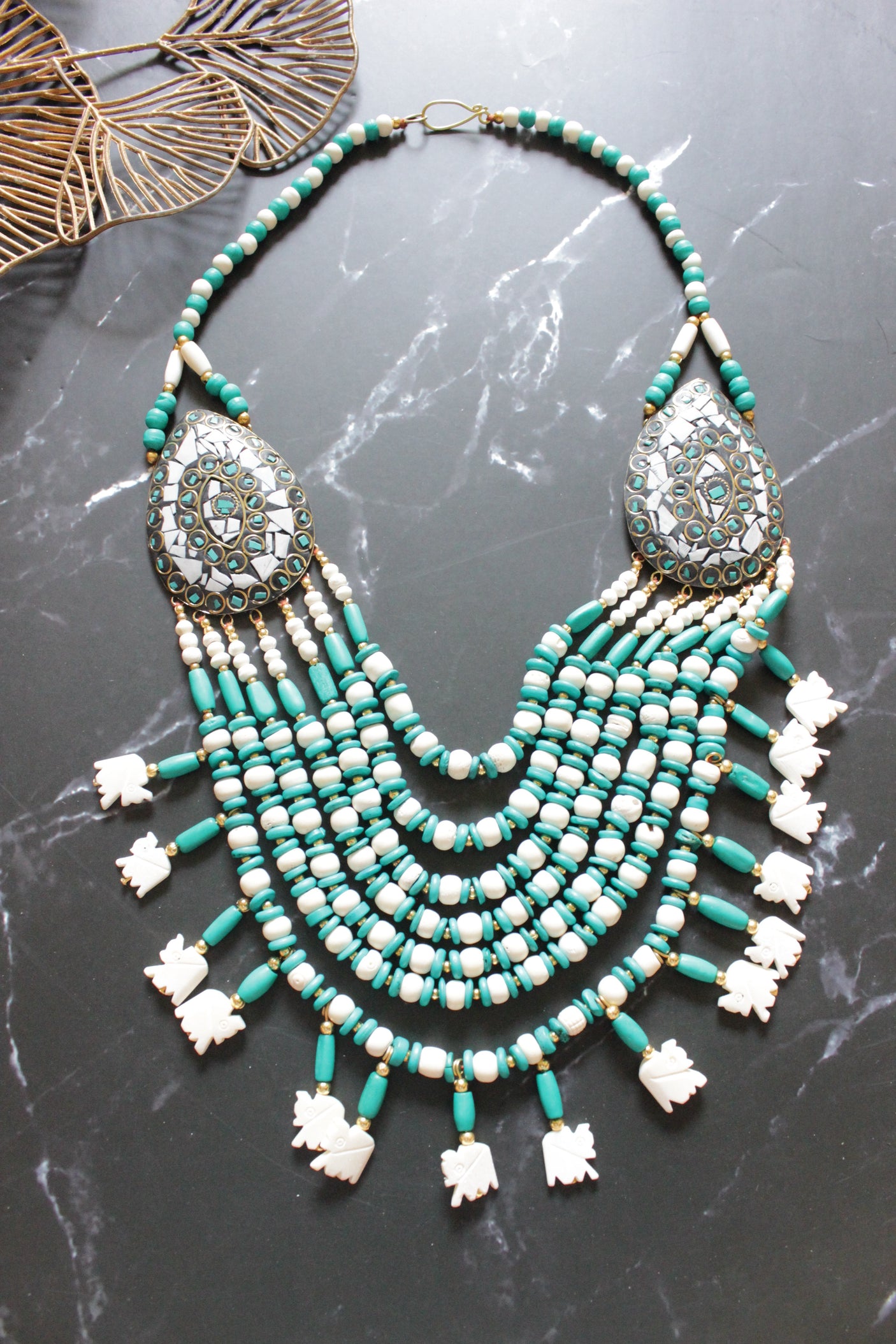 Turquoise and White Bone Beads Handcrafted Multi-Layer African Tribal Necklace