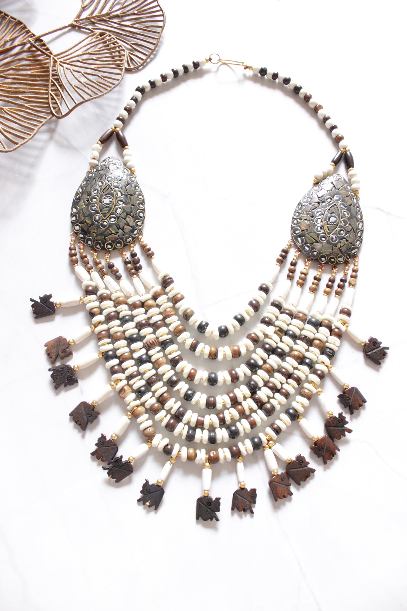 Brown and White Bone Beads Handcrafted Multi-Layer African Tribal Necklace