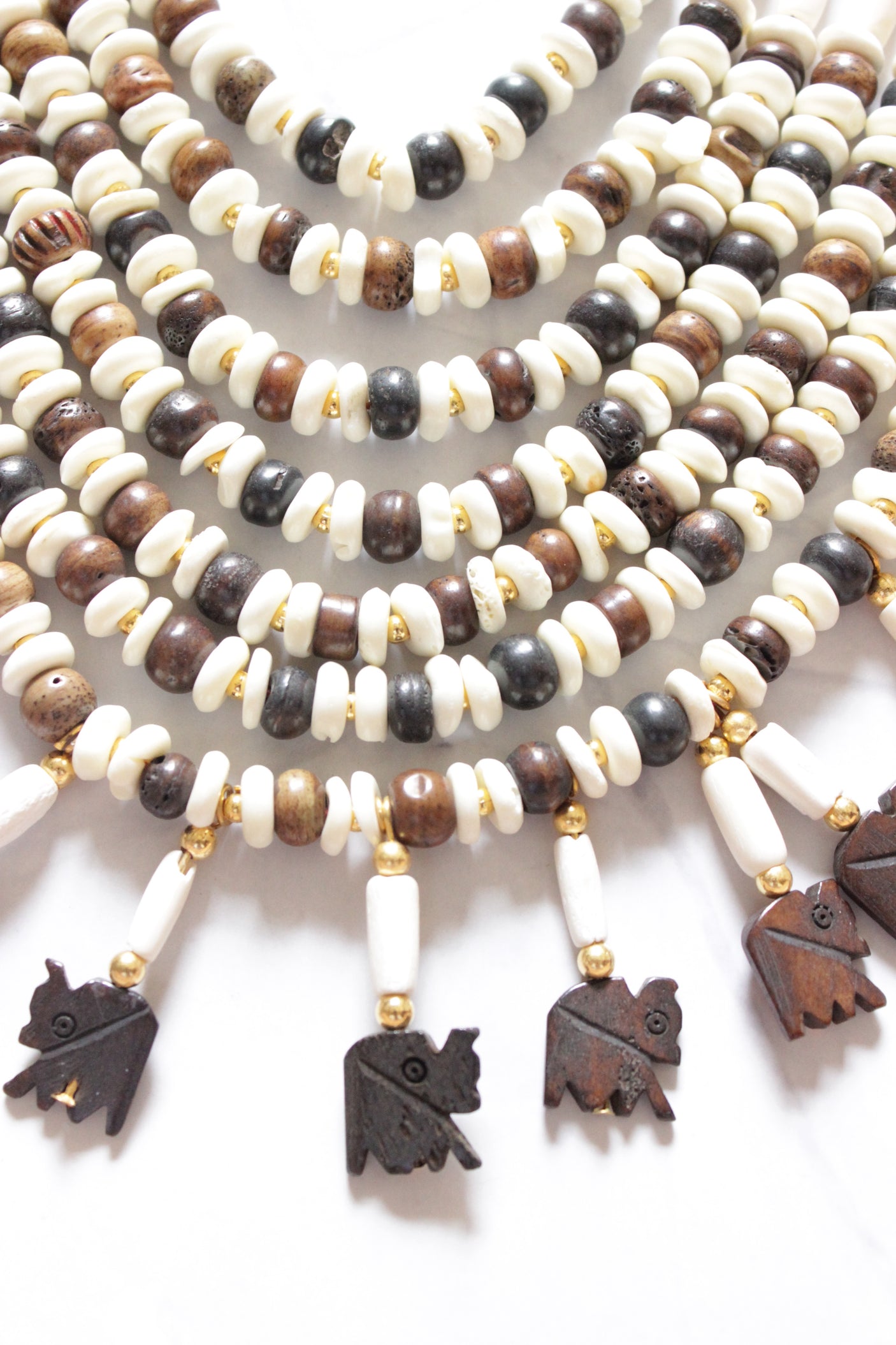 Brown and White Bone Beads Handcrafted Multi-Layer African Tribal Necklace