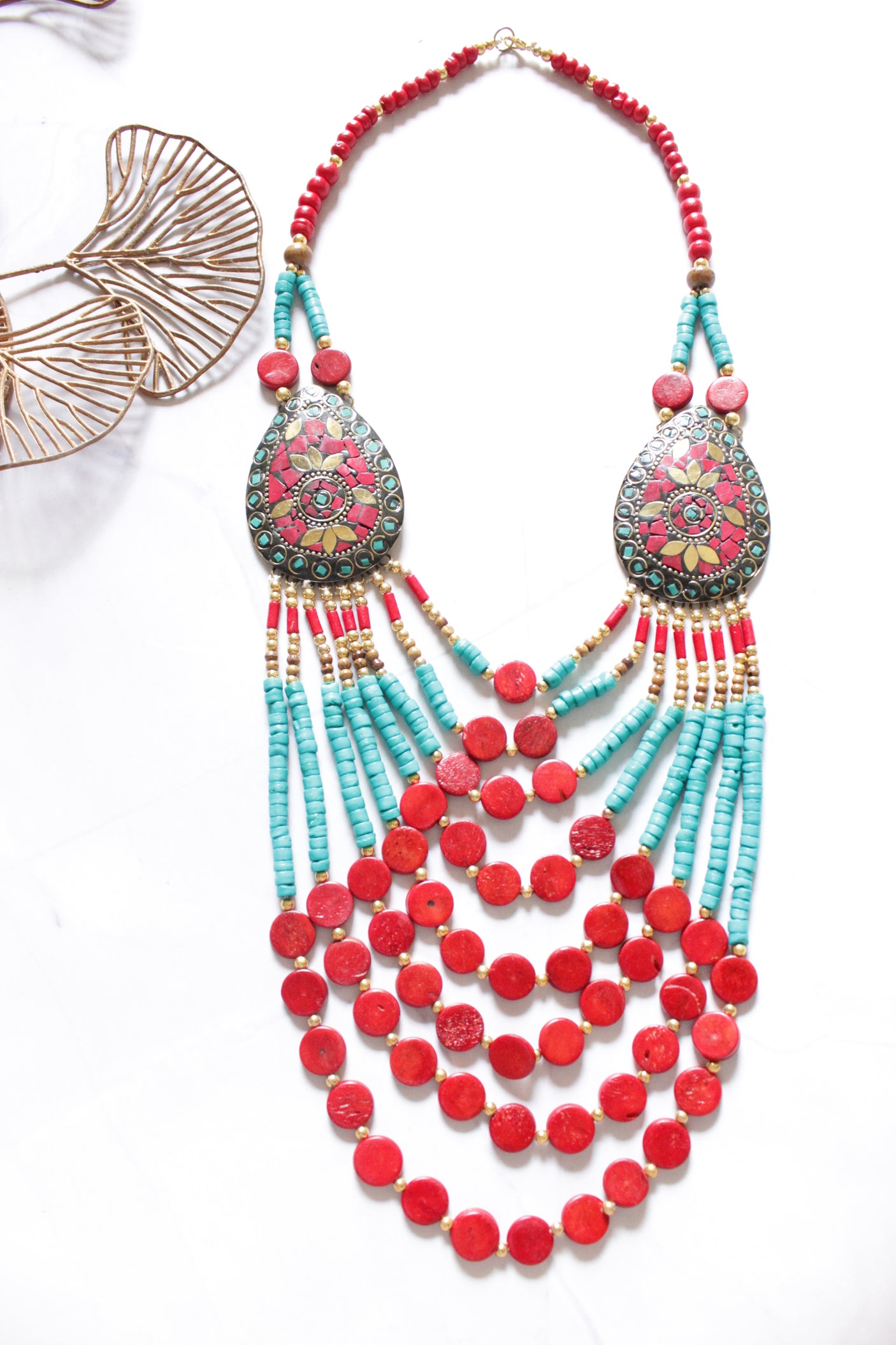 Turquoise and Red Bone Beads Handcrafted Multi-Layer African Tribal Necklace