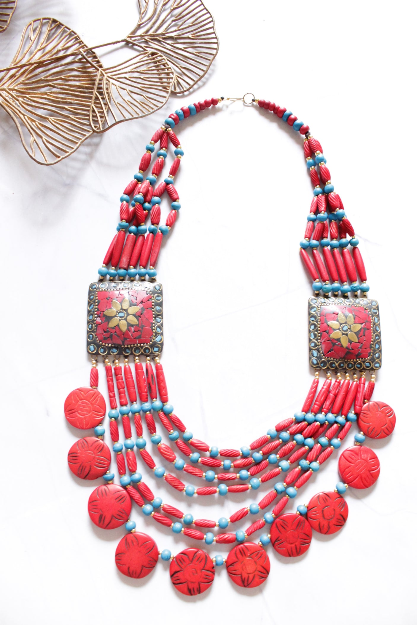 Blue and Red Circular Bone Beads Handcrafted Multi-Layer African Tribal Necklace