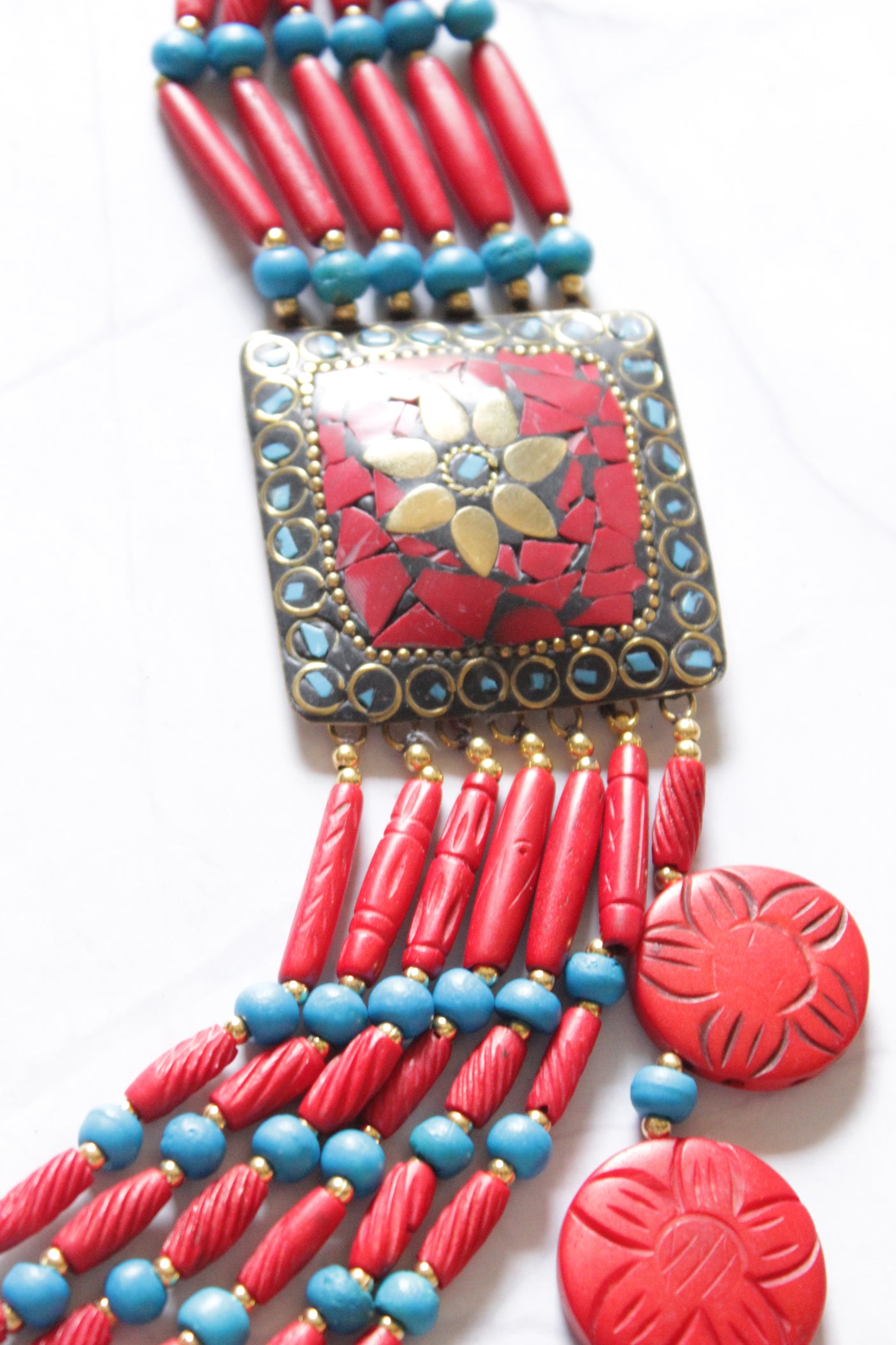 Blue and Red Circular Bone Beads Handcrafted Multi-Layer African Tribal Necklace