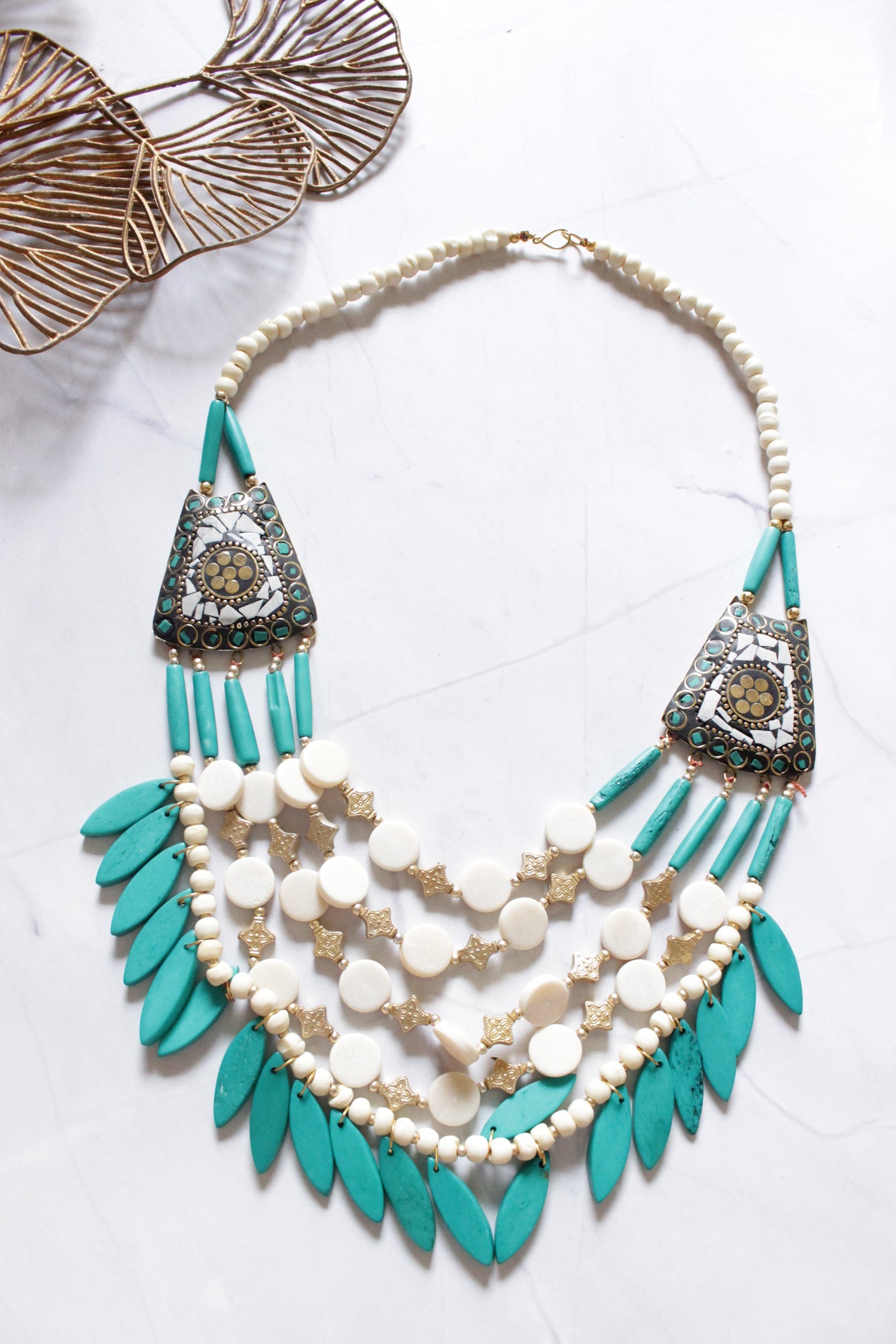 Ivory and Blue Bone Beads Handcrafted Multi-Layer African Tribal Necklace