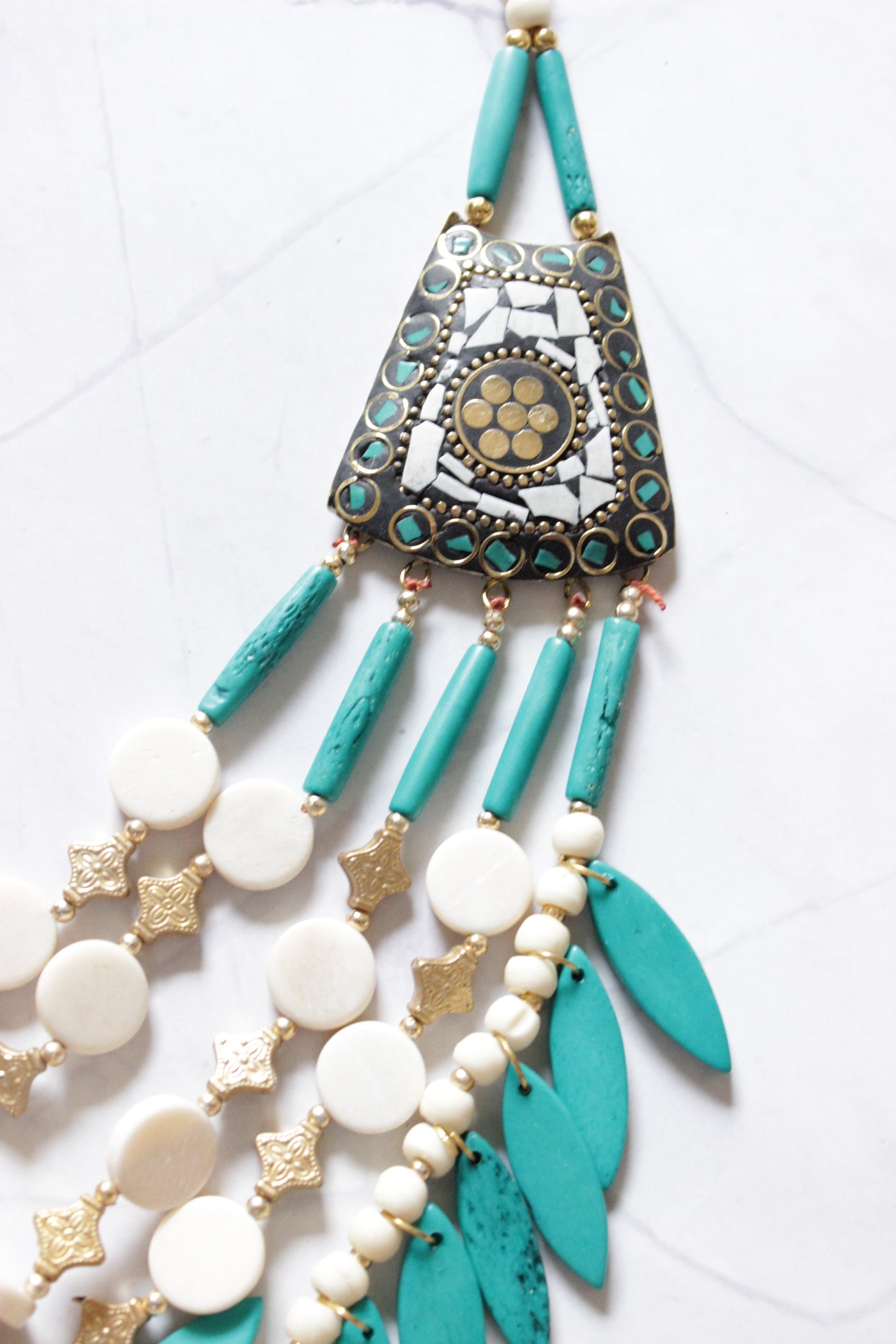 Ivory and Blue Bone Beads Handcrafted Multi-Layer African Tribal Necklace