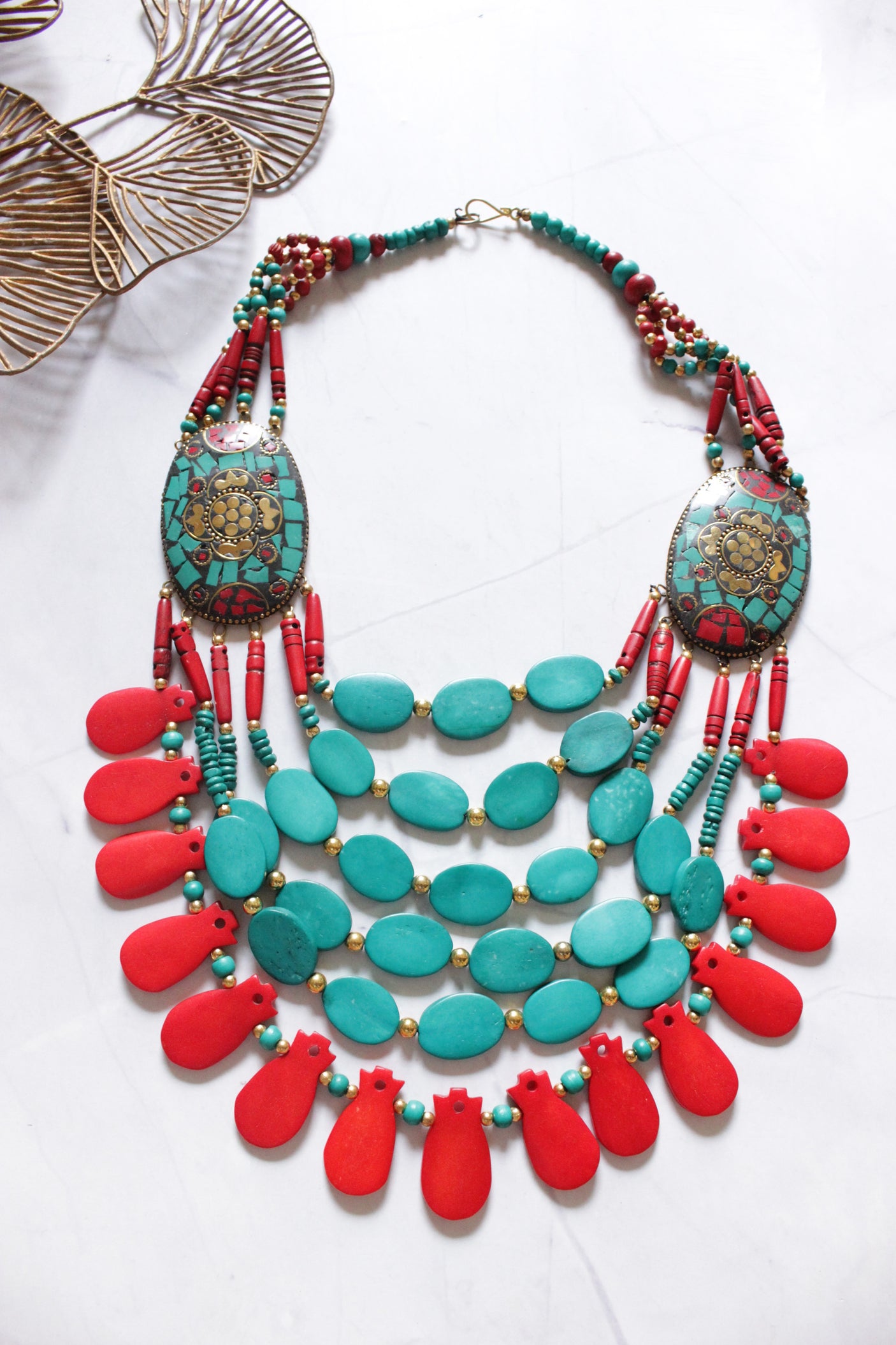 Blue and Red Oval Bone Beads Handcrafted Multi-Layer African Tribal Necklace