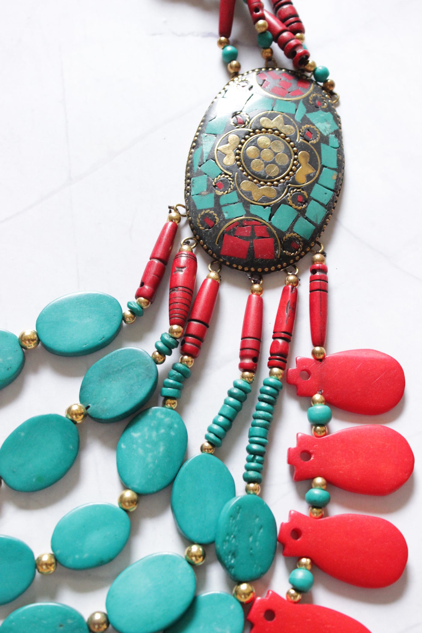 Blue and Red Oval Bone Beads Handcrafted Multi-Layer African Tribal Necklace