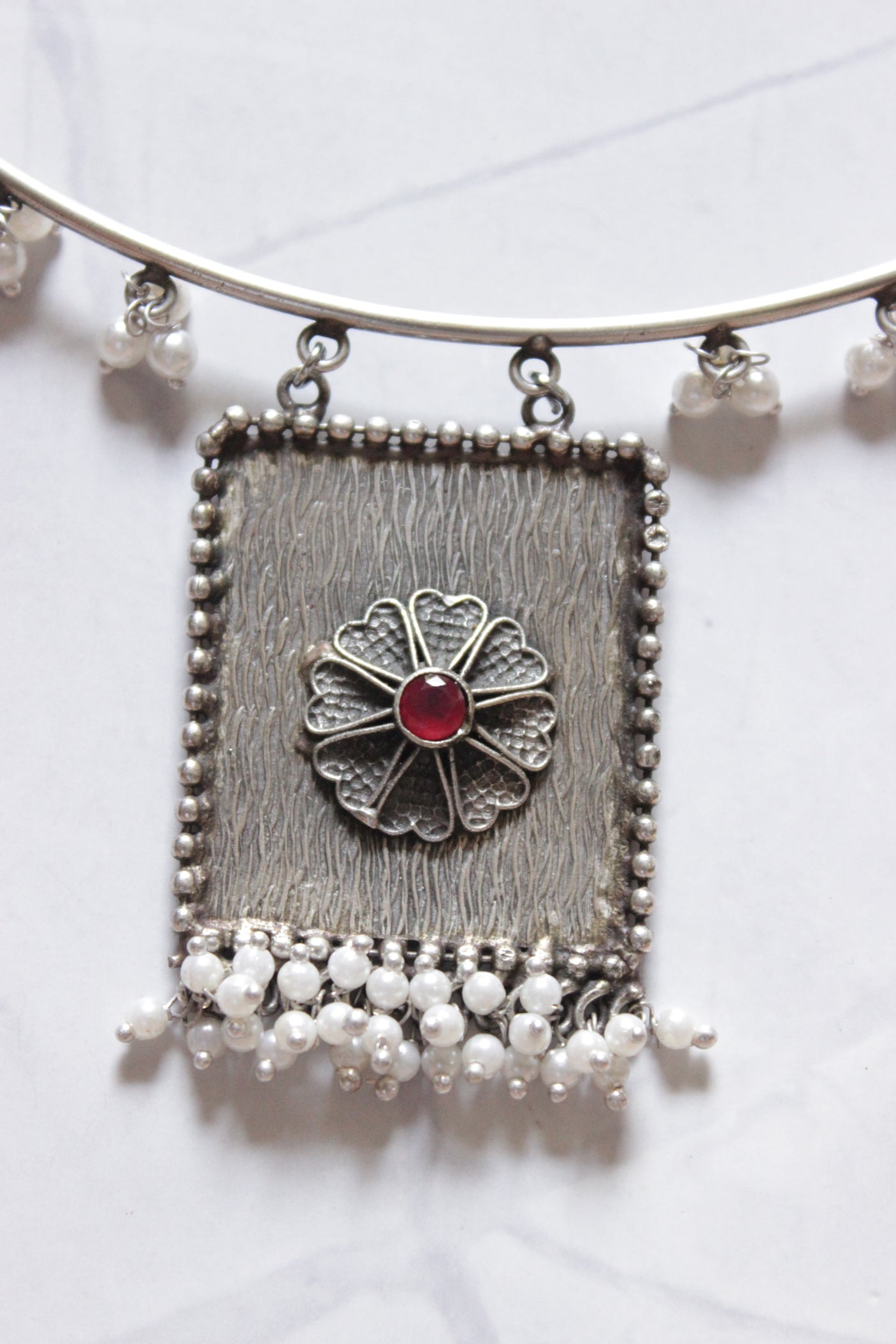 Premium Oxidised Finish Hasli Style White Beads Embellished Choker Necklace