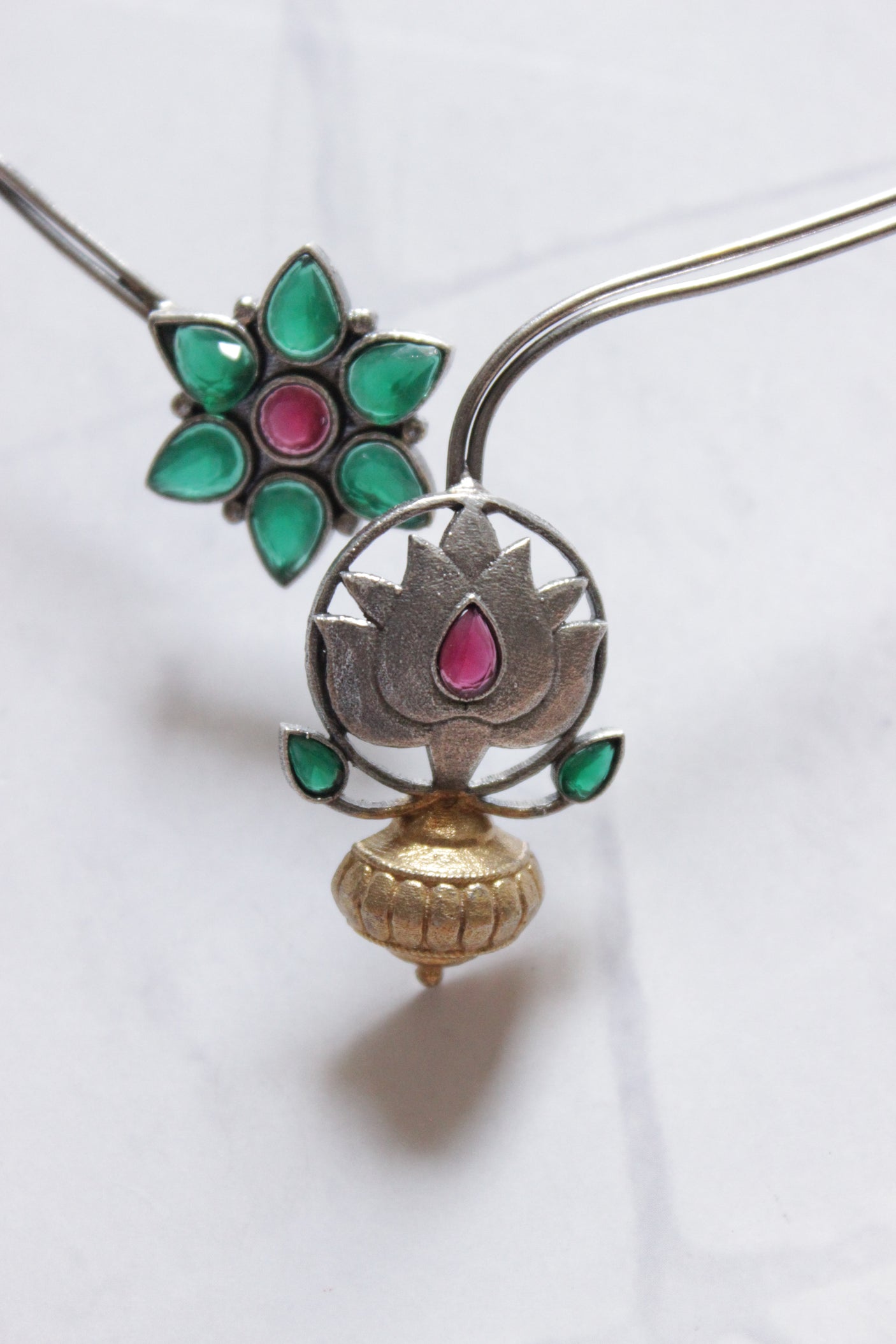 Pink and Green Natural Glass Stones Embedded Dual Tone Hasli Style Choker Necklace