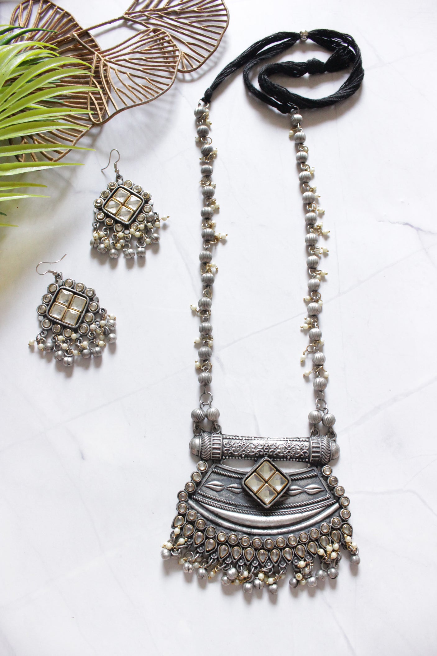 Dual Tone Premium Oxidised Finish Adjustable Length Long Necklace Set