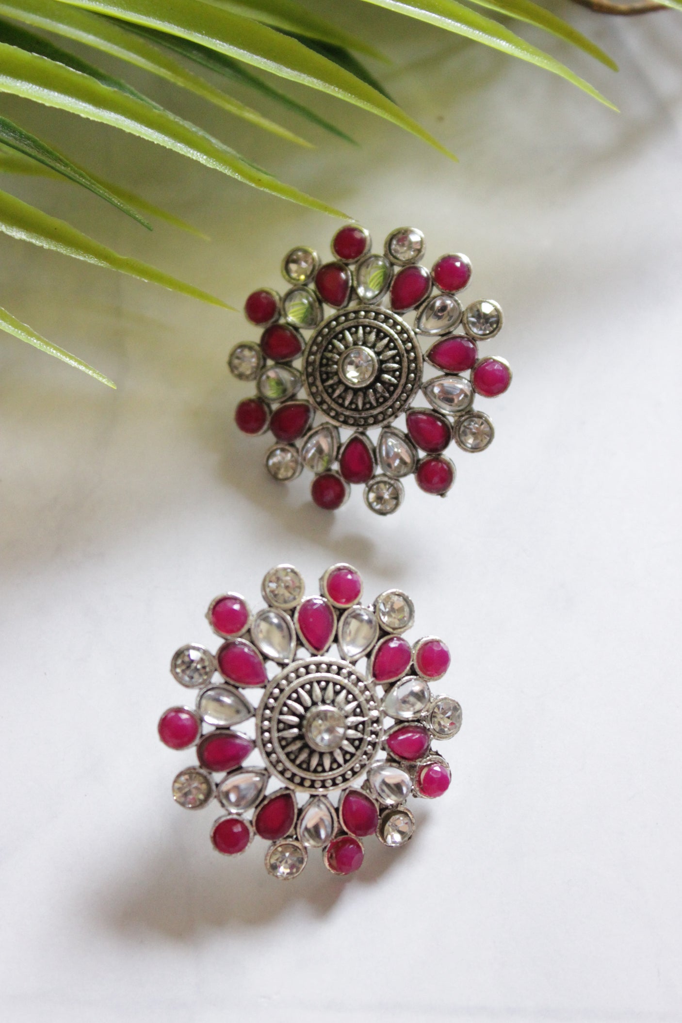 Red Stones and Glass Embedded Oxidised Finish Stud Earrings