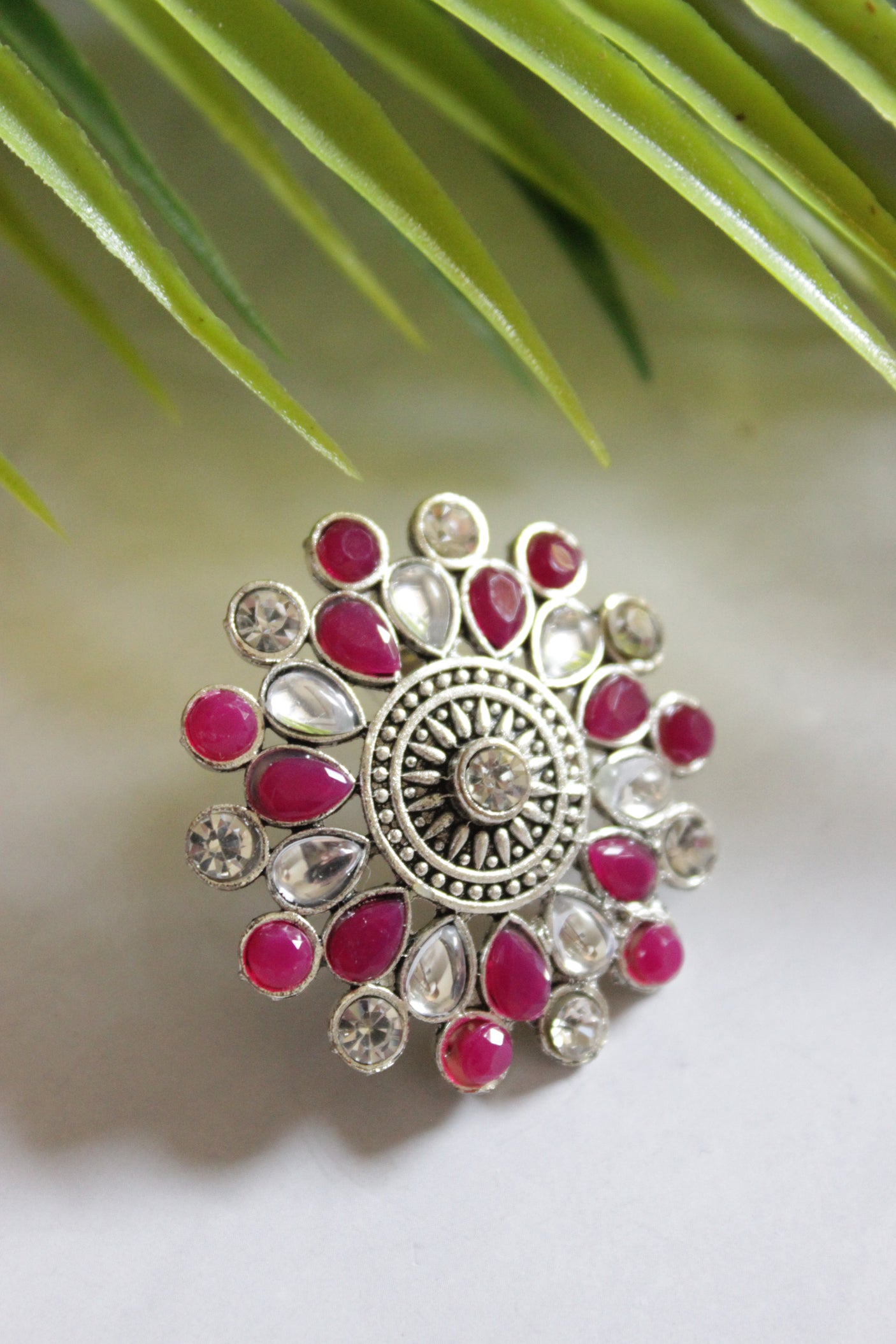 Red Stones and Glass Embedded Oxidised Finish Stud Earrings