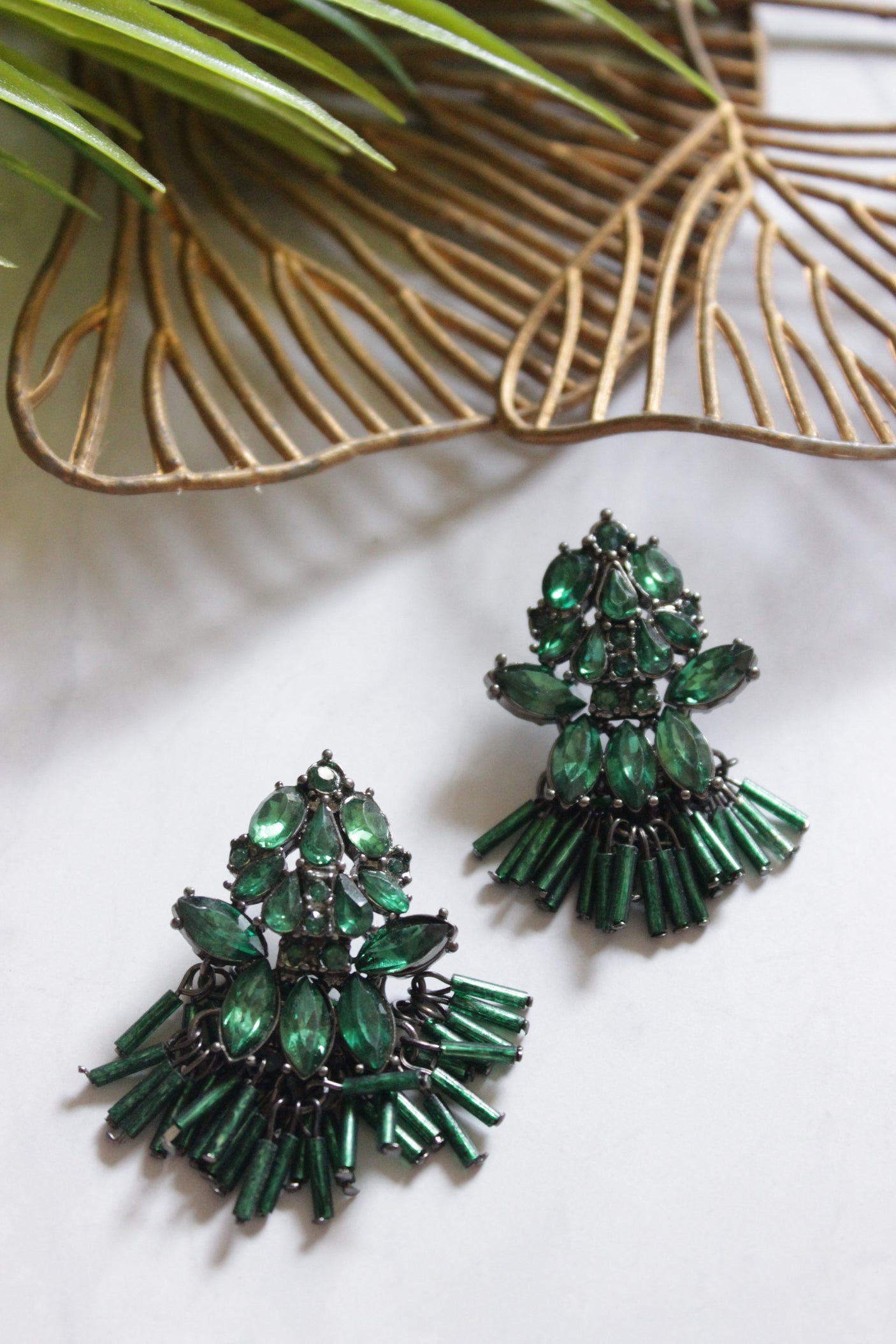 Green Glass Work Oxidised Finish Dangler Earrings