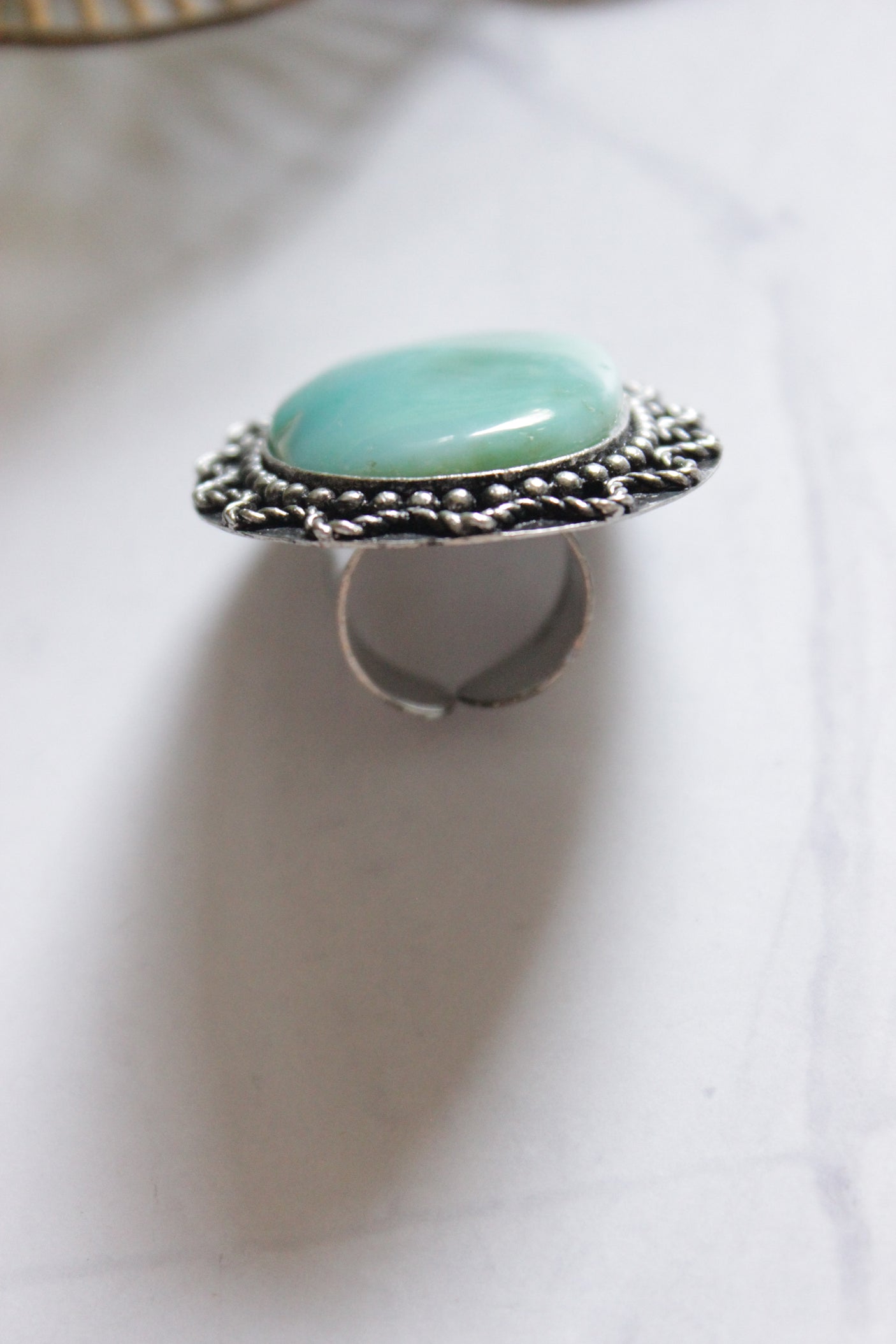 Turquoise Center Stone Oxidised Finish Adjustable Ring