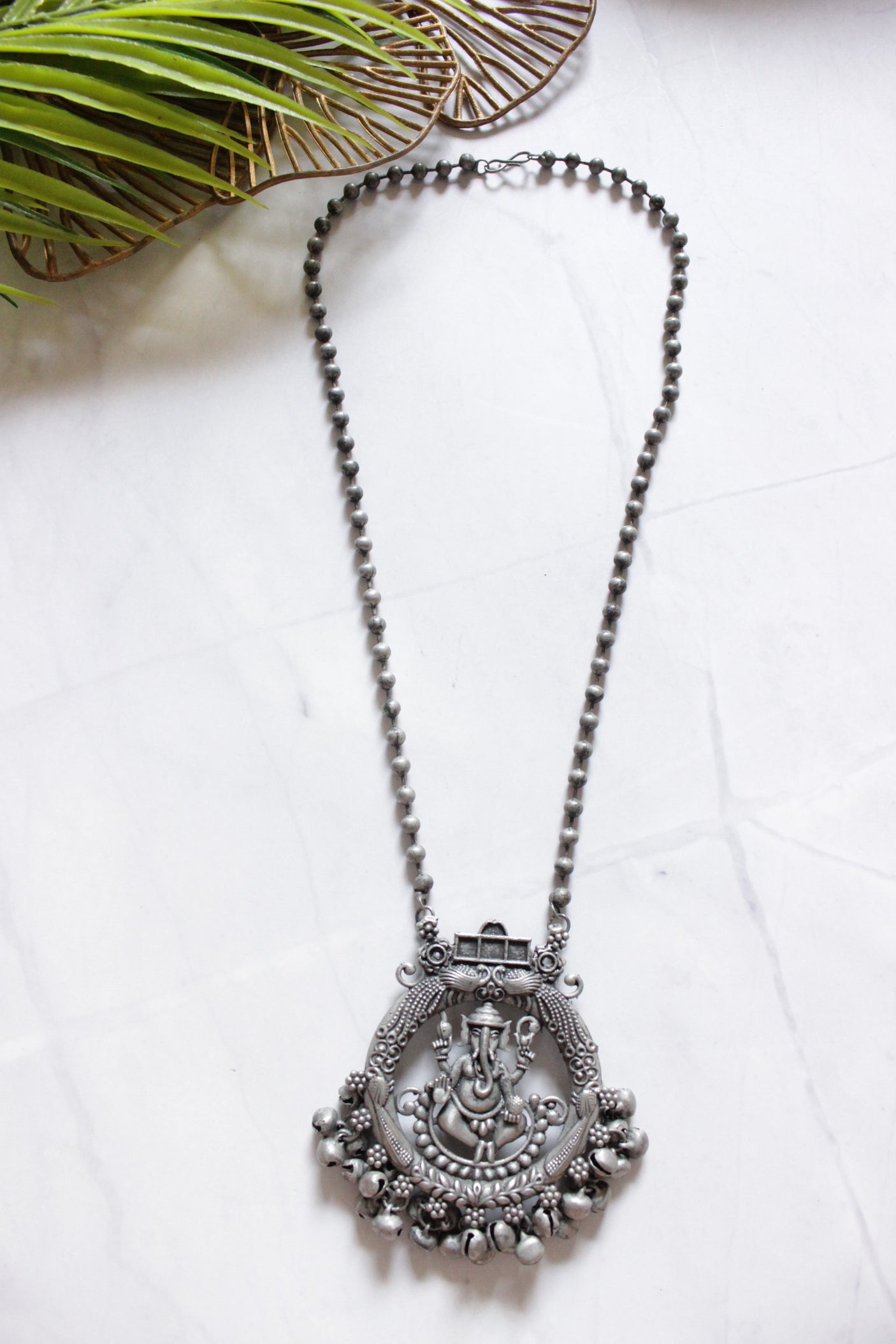 Oxidised Finish Ganesha Motif Beaded Chain Metal Necklace