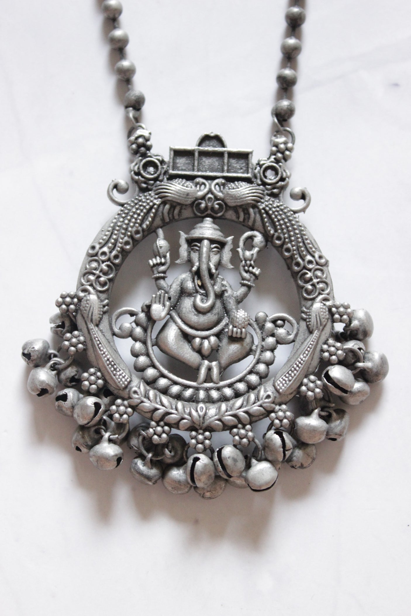 Oxidised Finish Ganesha Motif Beaded Chain Metal Necklace