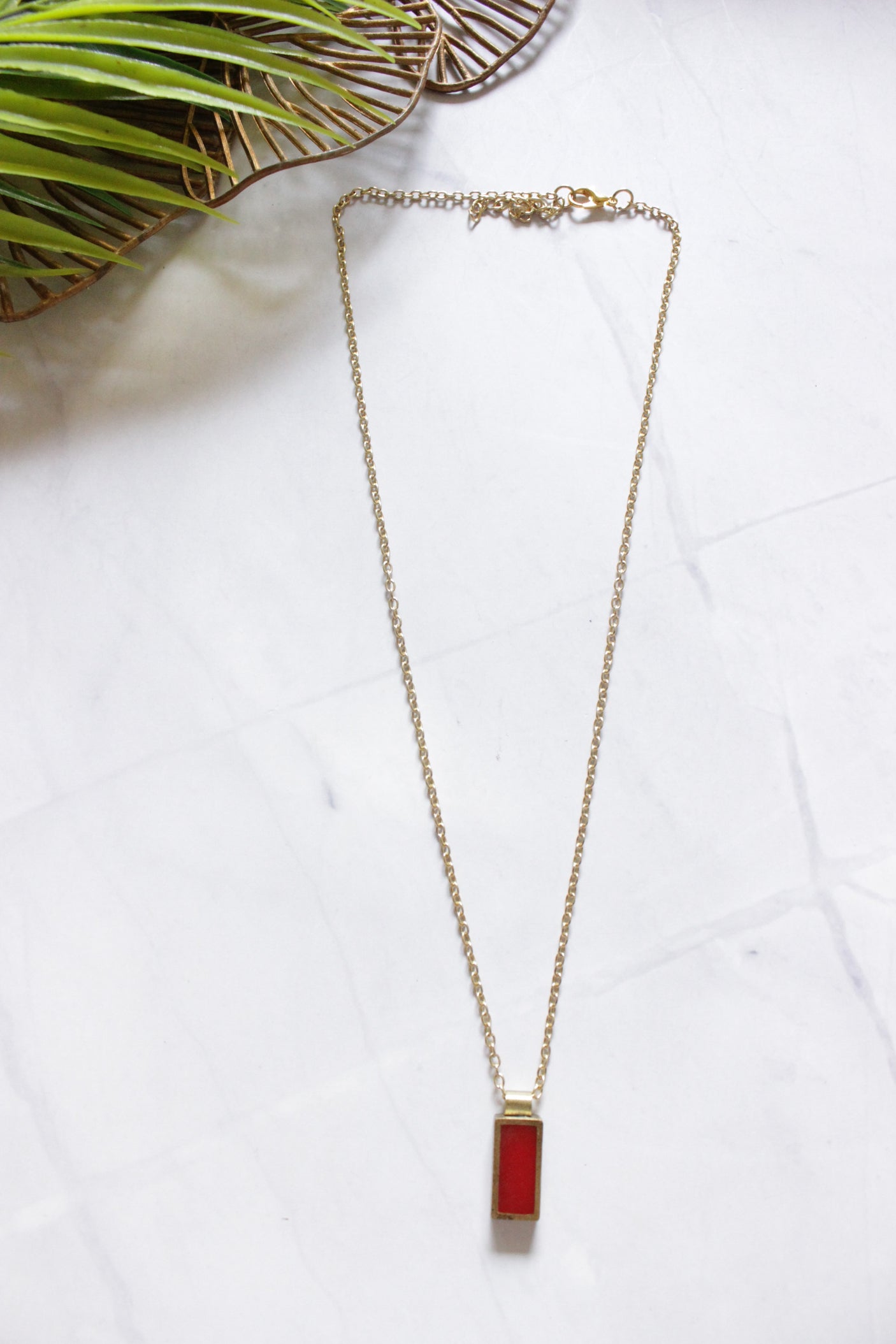 Red Glass Stone Petite Gold Chain Long Necklace