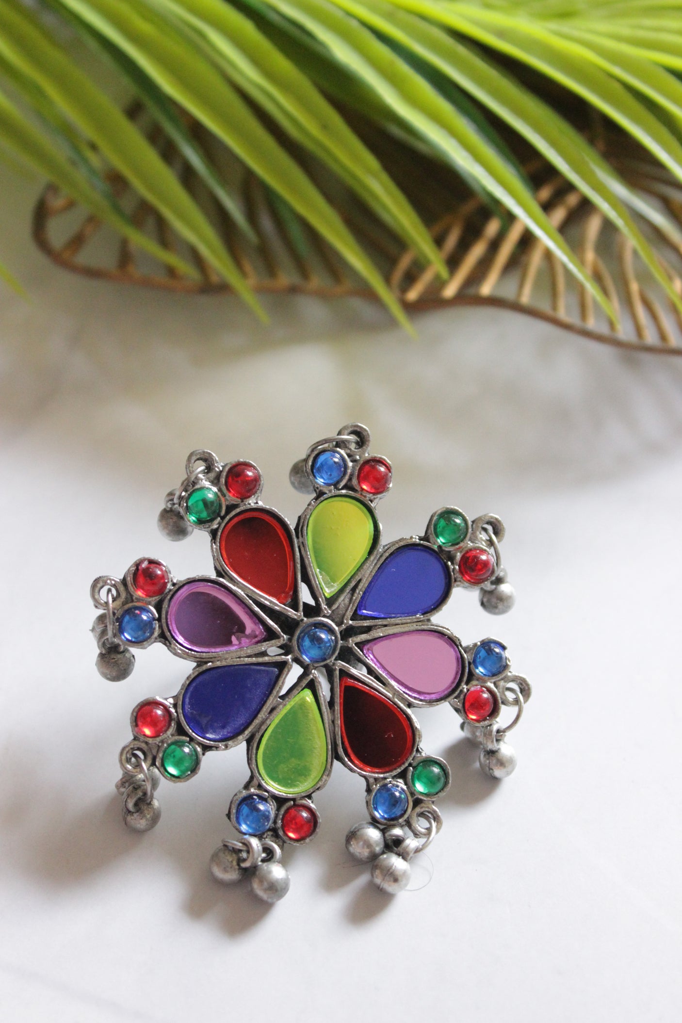 Multi-Color Glass Stones Embedded Oxidised Finish Adjustable Ring
