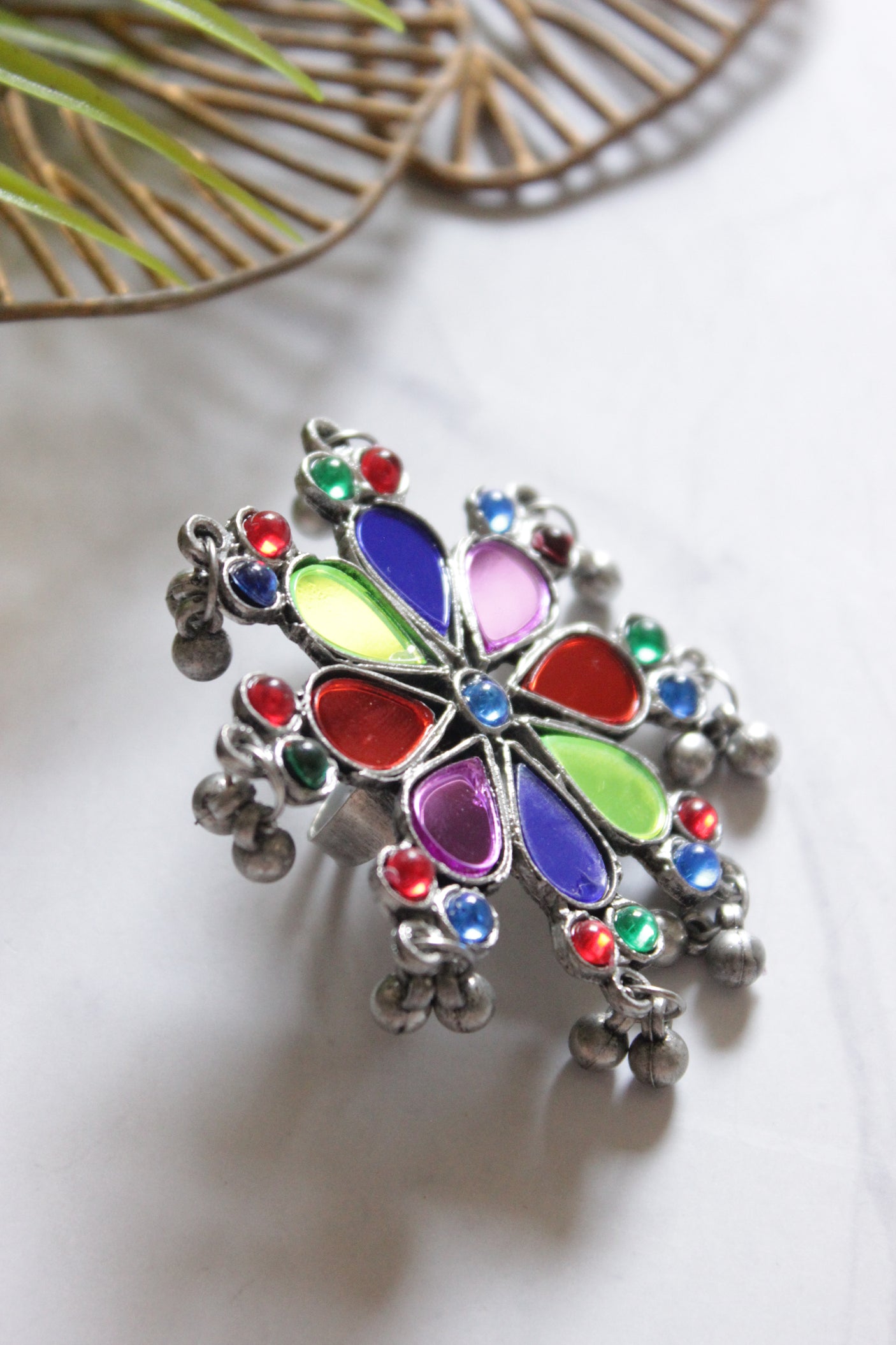 Multi-Color Glass Stones Embedded Oxidised Finish Adjustable Ring