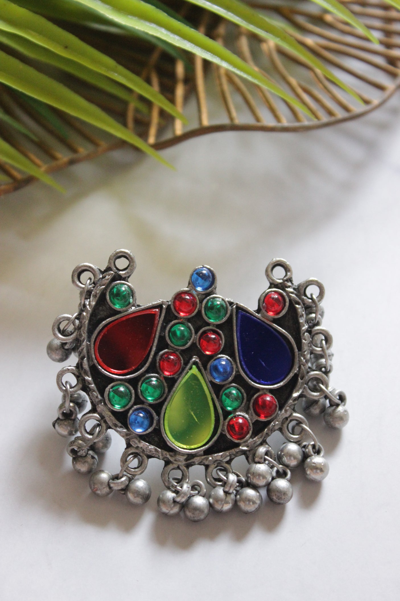 Multi-Color Glass Stones Embedded Oxidised Finish Adjustable Afghani Ring